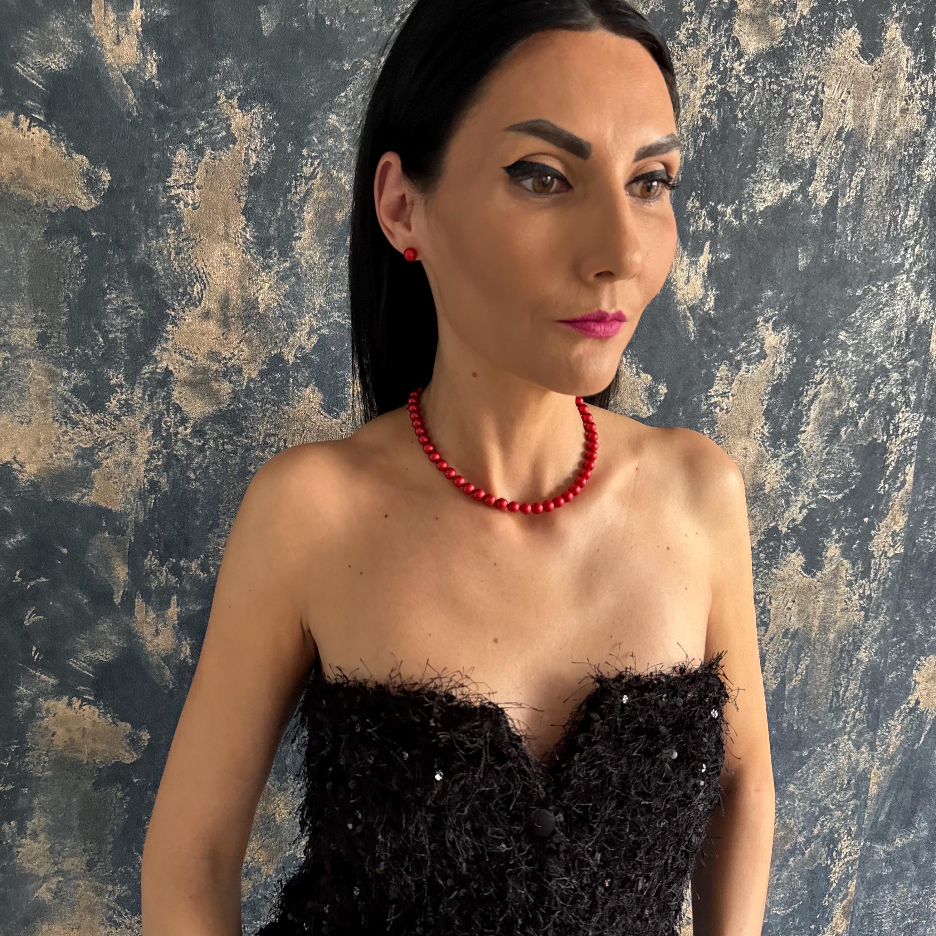 Holiday Gift Jewelry Red Pearl Necklace Choker Set Crystal Stud Earrings Christmas Present Idea Stocking Stuffer Option Secret Santa Gift Elegant Formal Design Gold Plated Details Customizable Length Option Special Occasion Jewelry