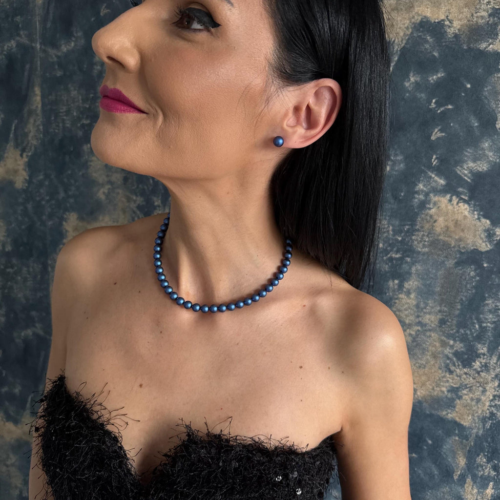 Blue Pearl Jewelry Set Elegant Wedding Accessories Crystal Pearl Necklace Matching Earrings Sterling Silver Posts Classic Design Formal Occasion Collection Timeless Style Bridesmaid Gift Idea Beautiful Bridal Accessory Customizable Length