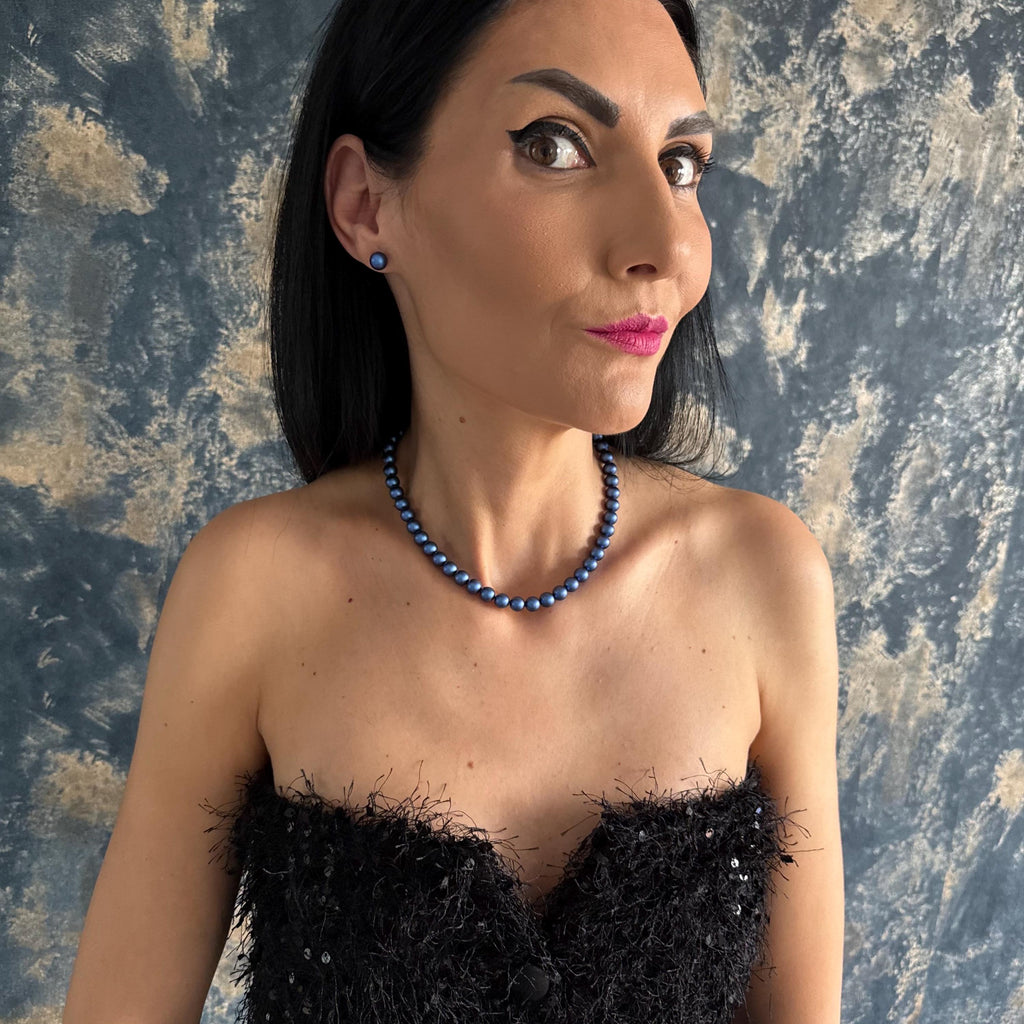 Sterling Silver Jewelry Blue Crystal Pearls Elegant Set Matching Necklace Earrings Combination Adjustable Length Options Customizable Design Formal Occasion Ready Wedding Accessory Collection Bridesmaid Gift Idea Premium Quality Materials