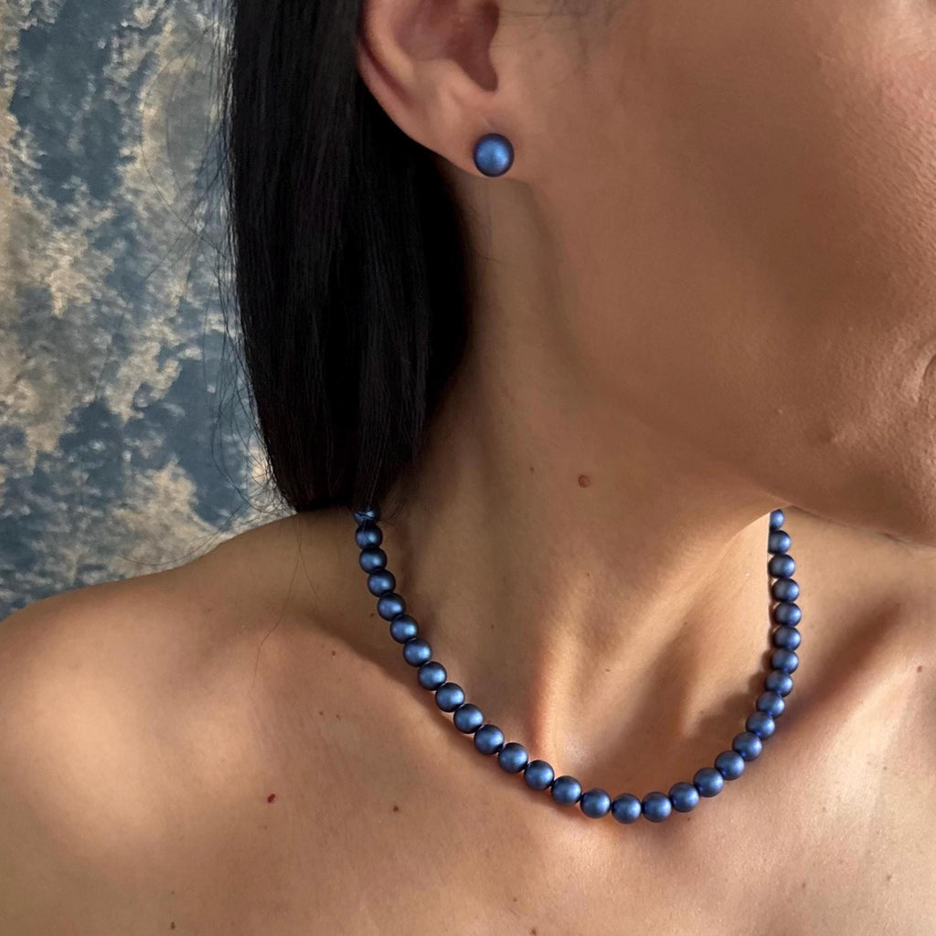 Swarovski blue pearls choker necklace and earrings set with sterling silver clasp
