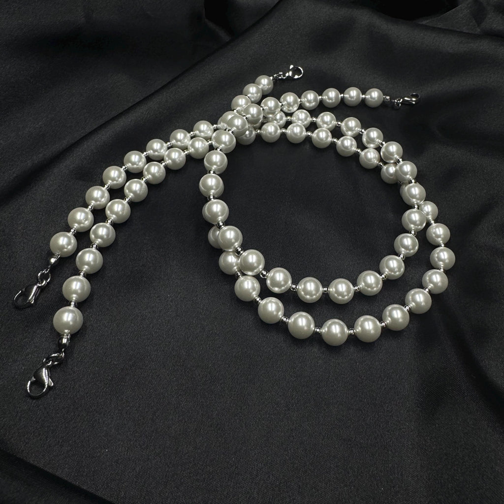 Pearls dress straps with gold or silver spacers Pair of attachable shoulder necklace Bridal accessories 8mm pearl straps for wedding dress Custom length design Metal accent details Wedding dress enhancement Formal wear collection Quality