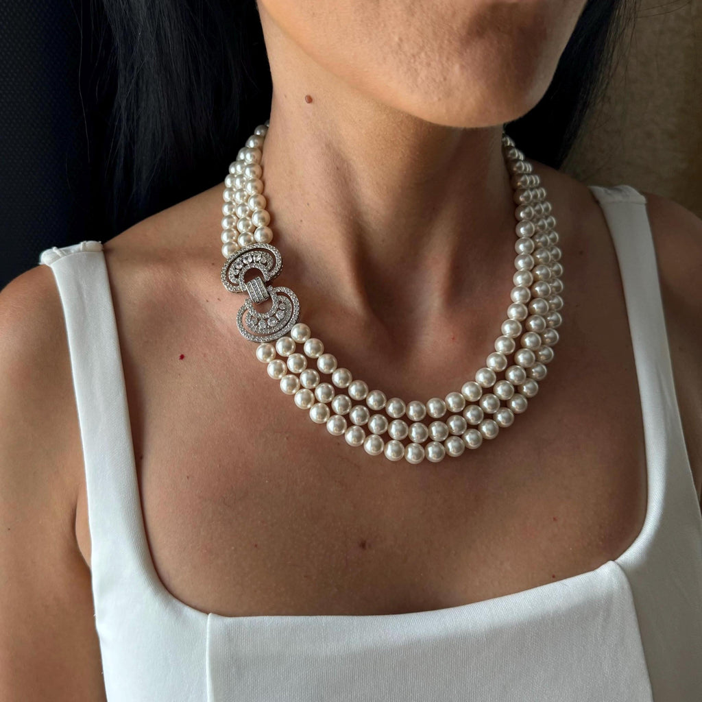 Layered long pearl necklace with elegant blue brooch, Multilayer 3 strand pearl drape necklace, Mothers Day Gift, Indian wedding jewellery