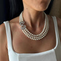 Layered long pearl necklace with elegant blue brooch, Multilayer 3 strand pearl drape necklace, Mothers Day Gift, Indian wedding jewellery
