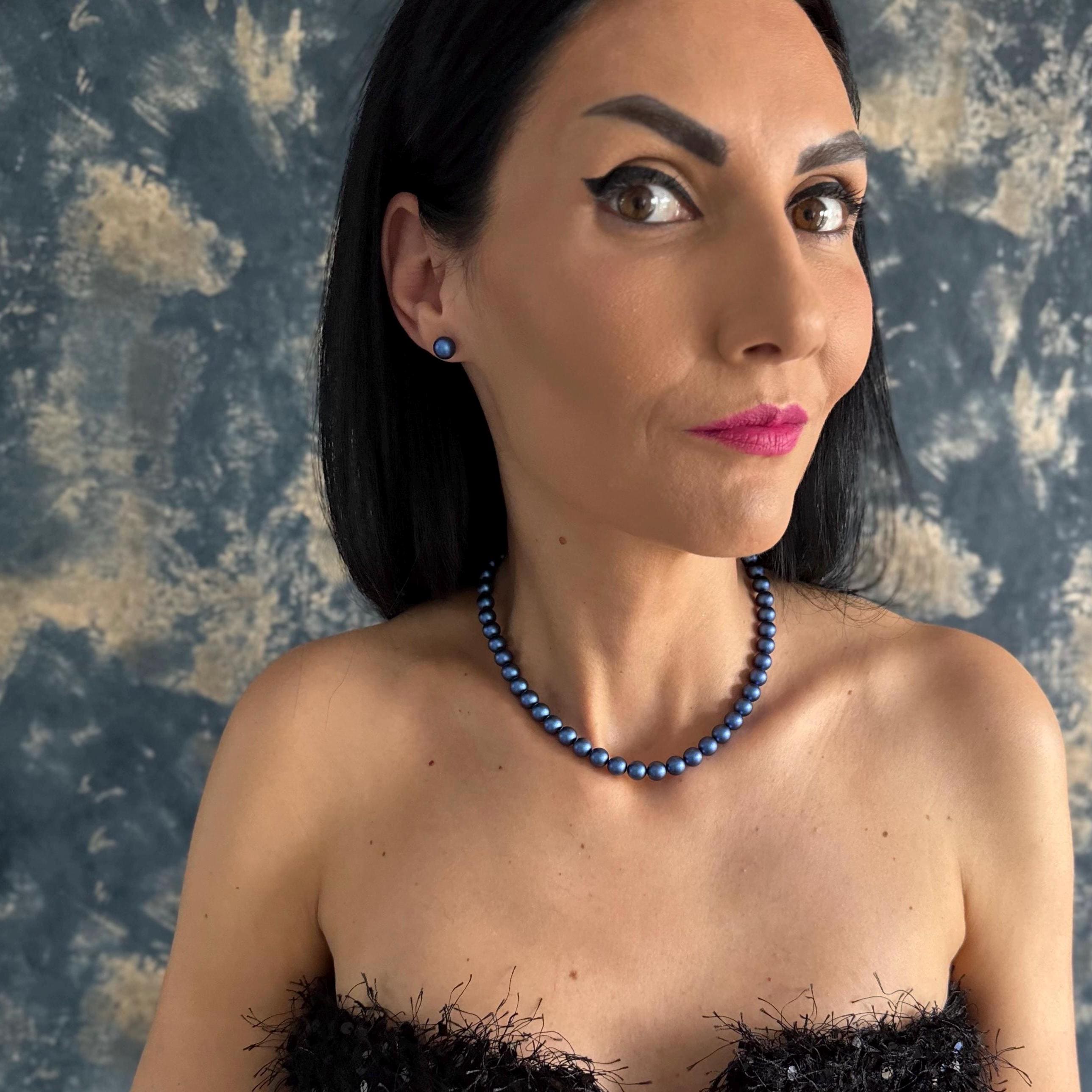 Blue Pearl Jewelry Set Elegant Wedding Accessories Crystal Pearl Necklace Matching Earrings Sterling Silver Posts Classic Design Formal Occasion Collection Timeless Style Bridesmaid Gift Idea Beautiful Bridal Accessory Customizable Length