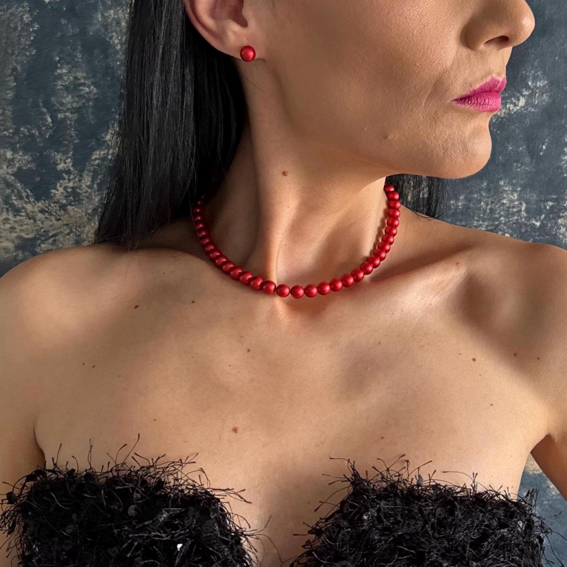 Red Pearl Choker Necklace Set Crystal Earring Studs Elegant Jewelry Design Holiday Gift Idea Stocking Stuffer Present Secret Santa Gift Gold Plated Option Platinum Finish Available Customizable Length Necklace Formal Occasion Jewelry