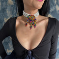 Statement Pearl Choker Necklace Wedding Jewelry Bridal Accessory White Premium Shell Pearls Multi Strand Design Brass Centerpiece Colorful Rhinestones Art Deco Style Floral Brooch Detail Customizable Length Option Formal Event Piece Special