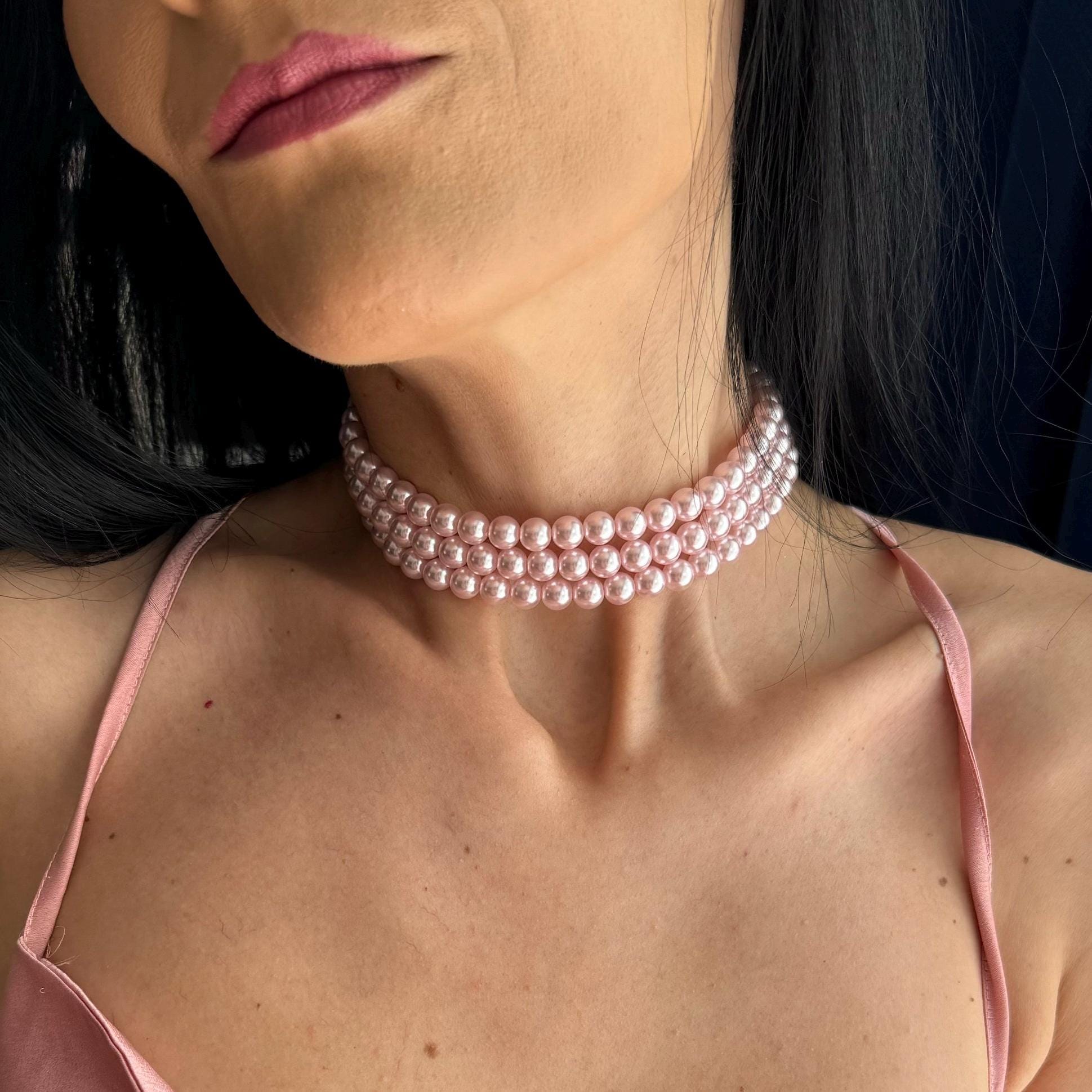 Pink pearls layered choker necklace with gold or silver rhinestones clasp, Three strand pearl necklace, 8mm pearl choker, Bridesmaids choker