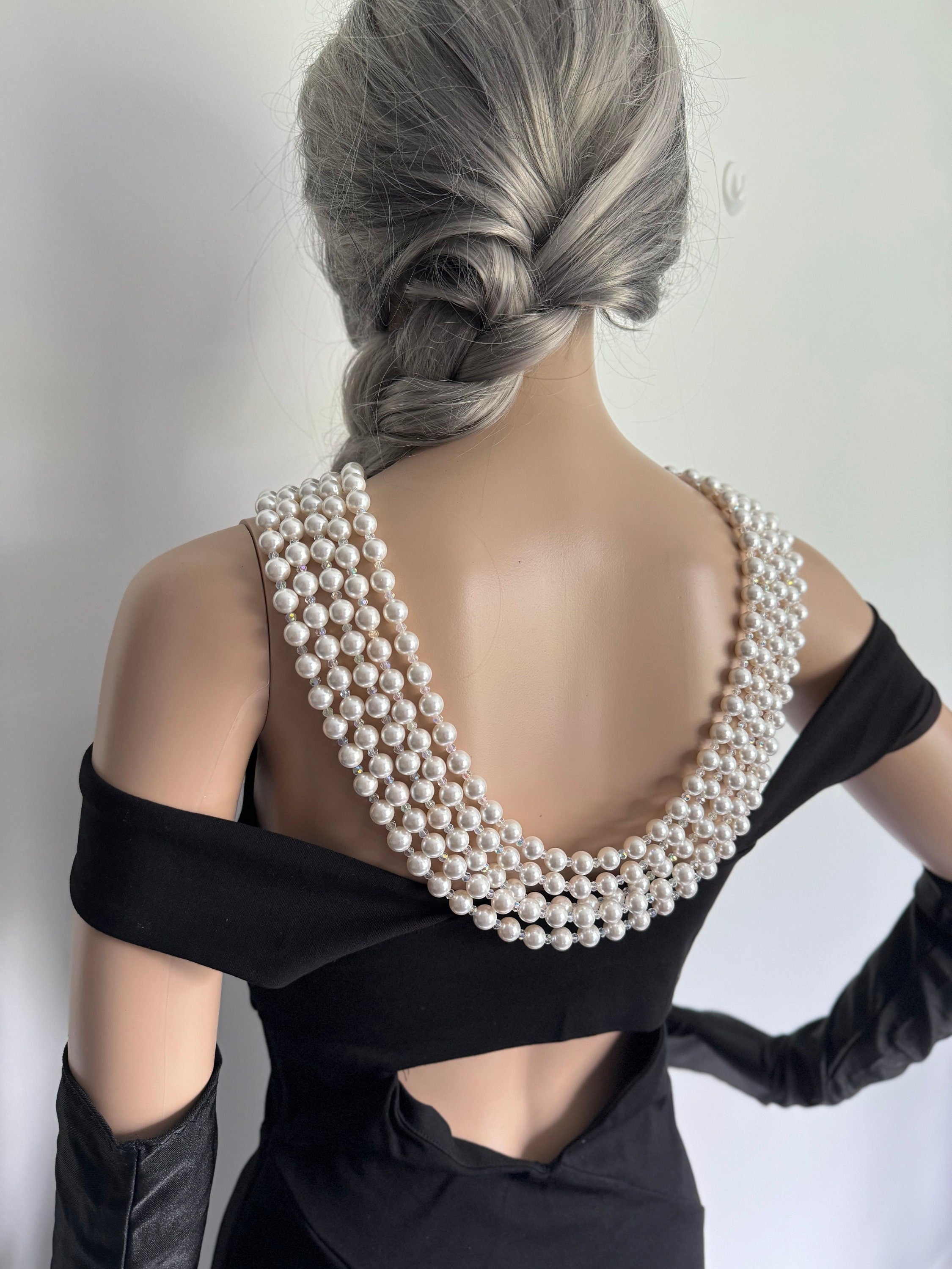 Audrey Hepburn inspired layered  necklace with back drop and beautiful brooch