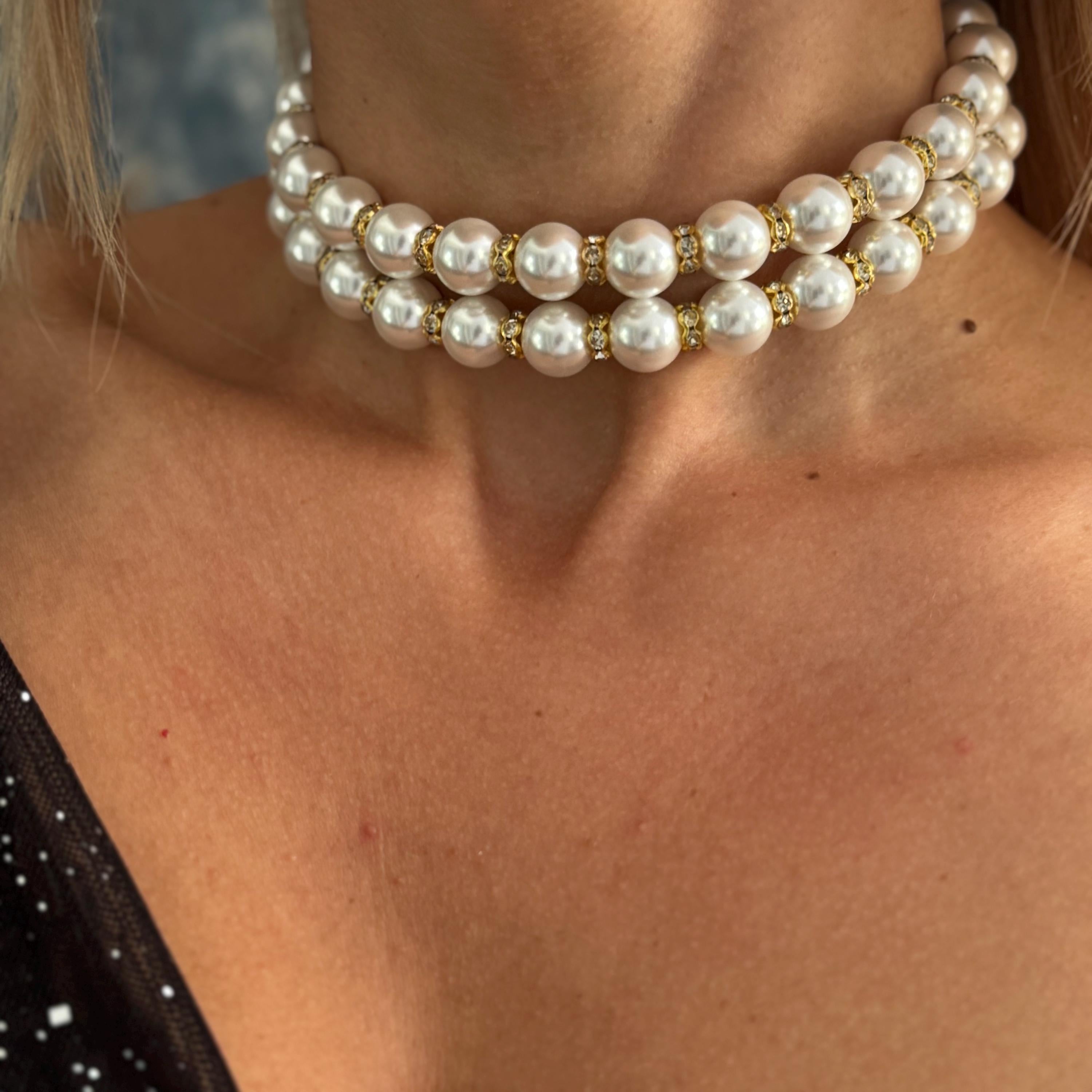 Statement Pearl Choker Double Strand Design Wedding Collection Mother Of Bride Choker Mother Of Groom Accessory Formal Event Jewelry Shell Pearl Construction Adjustable Length Chain Classic Style Gold Silver Finish Special Occasion Party