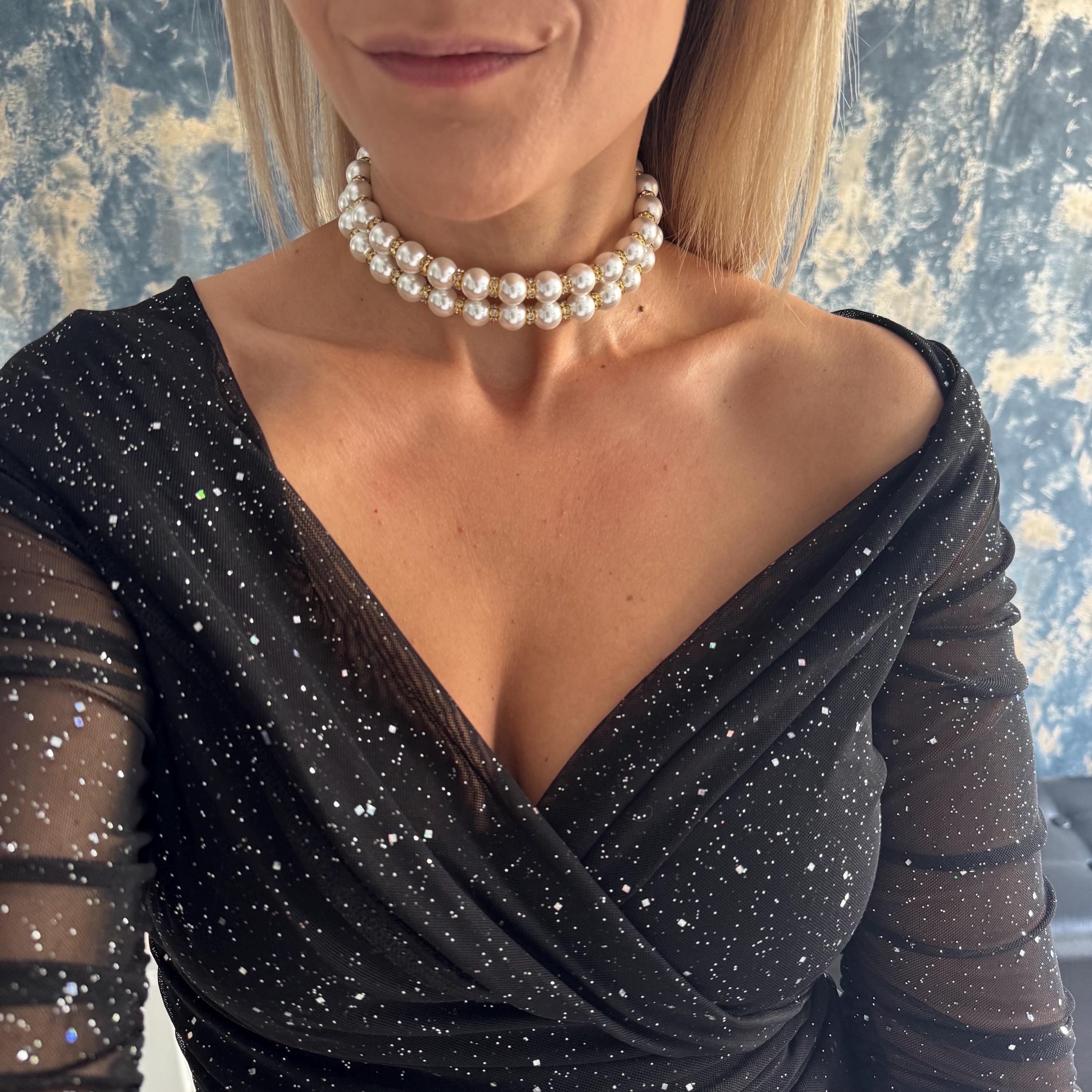 Statement Pearl Choker Double Strand Design Wedding Collection Mother Of Bride Choker Mother Of Groom Accessory Formal Event Jewelry Shell Pearl Construction Adjustable Length Chain Classic Style Gold Silver Finish Special Occasion Party