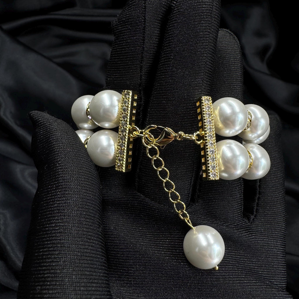 Statement Pearl Bracelet Custom Size Collection Double Strand Design Wedding Fashion Essential High Quality Shell Pearl Band Elegant Formal Accessory Rhinestone Detail Beautiful Classic Style Feminine Touch Gold Silver Options Bridal Piece