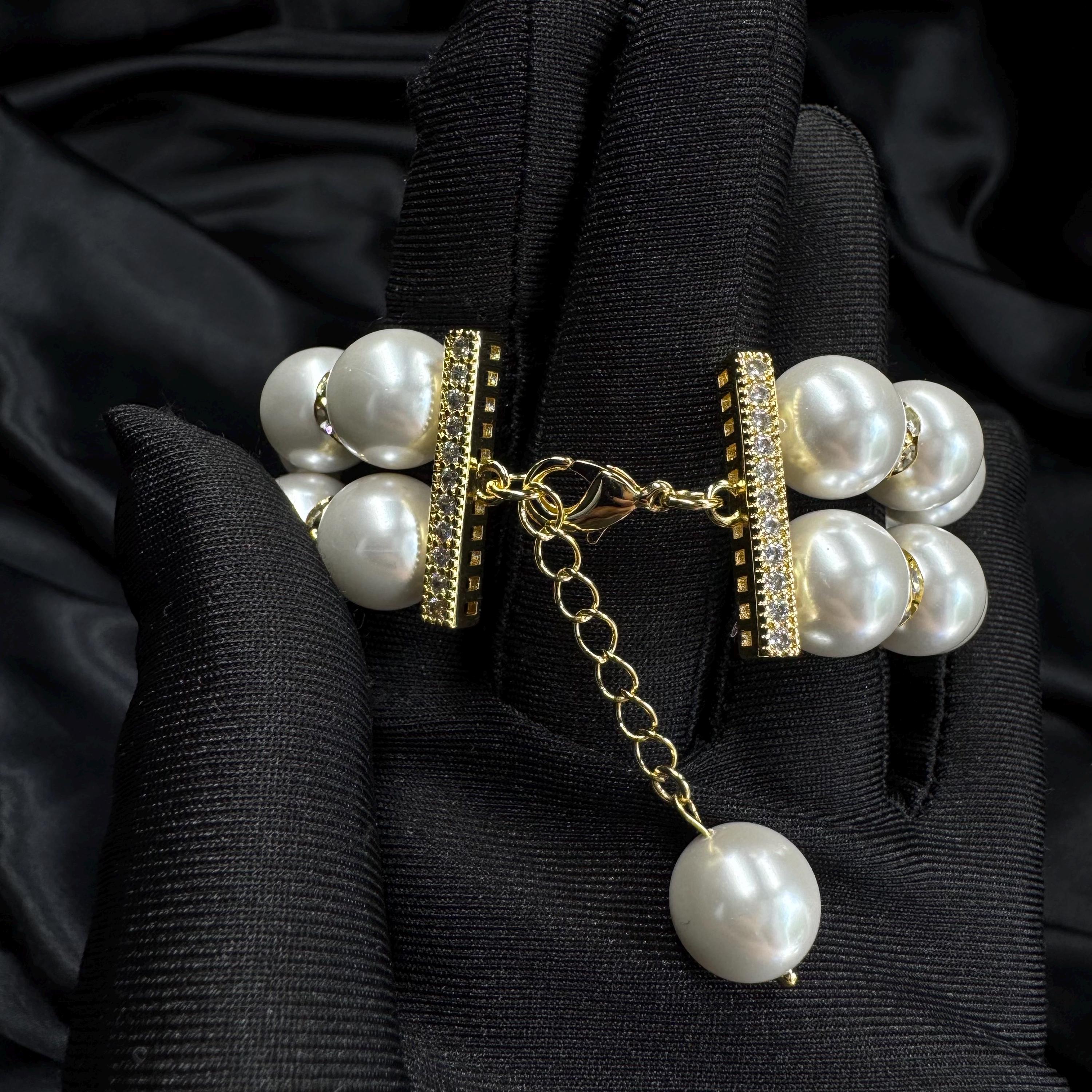 Statement Pearl Bracelet Custom Size Collection Double Strand Design Wedding Fashion Essential High Quality Shell Pearl Band Elegant Formal Accessory Rhinestone Detail Beautiful Classic Style Feminine Touch Gold Silver Options Bridal Piece