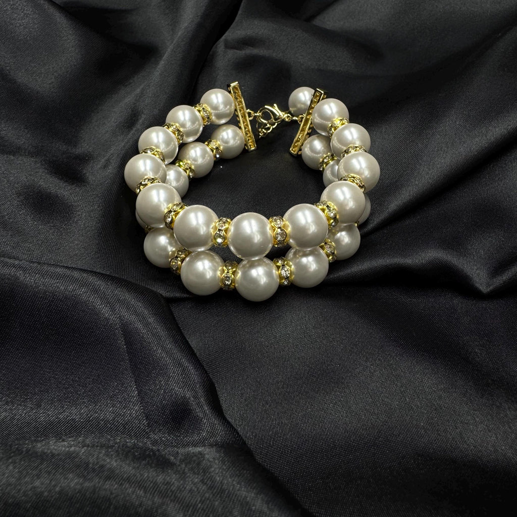Statement Pearl Bracelet Custom Size Collection Double Strand Design Wedding Fashion Essential High Quality Shell Pearl Band Elegant Formal Accessory Rhinestone Detail Beautiful Classic Style Feminine Touch Gold Silver Options Bridal Piece
