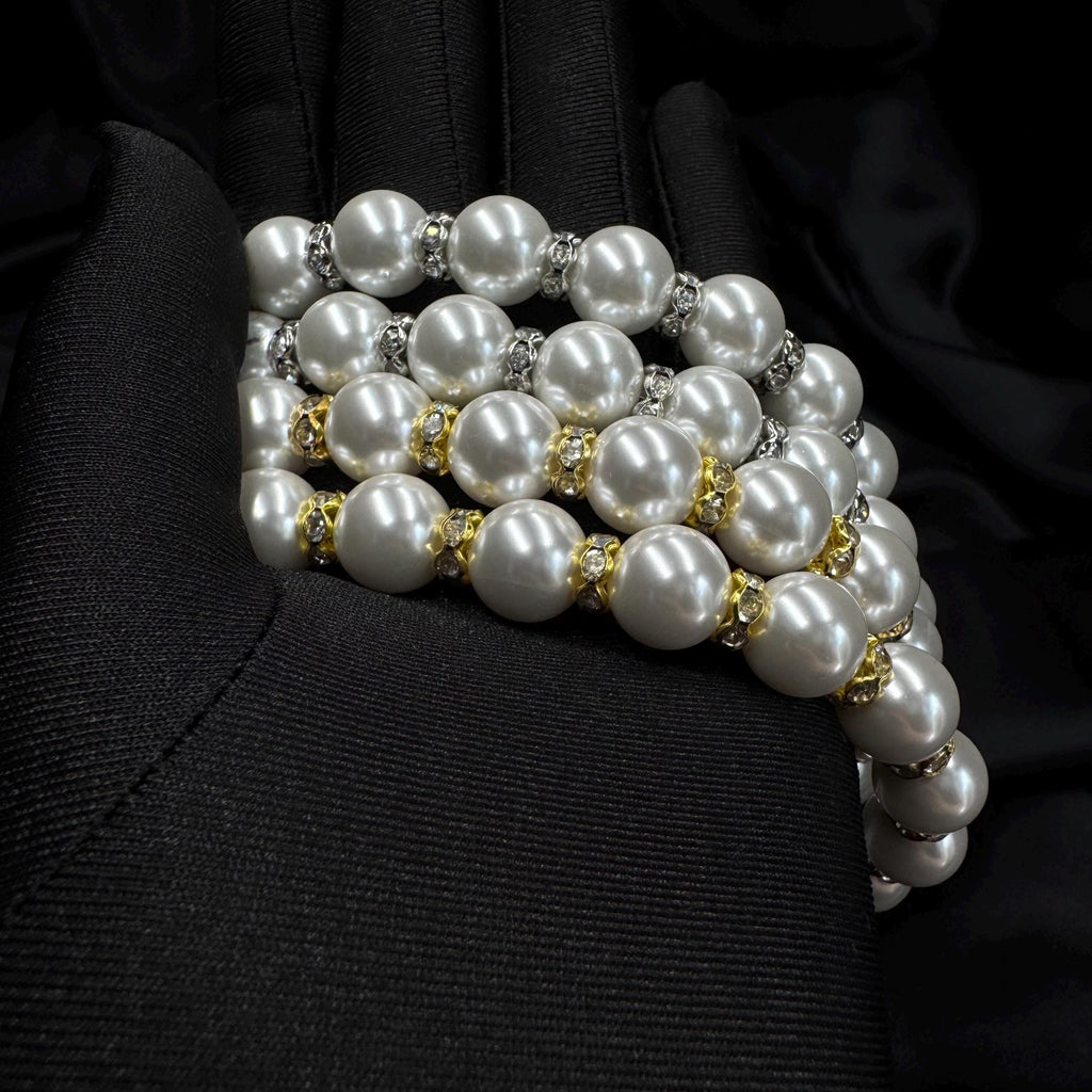 Statement Pearl Bracelet Custom Size Collection Double Strand Design Wedding Fashion Essential High Quality Shell Pearl Band Elegant Formal Accessory Rhinestone Detail Beautiful Classic Style Feminine Touch Gold Silver Options Bridal Piece