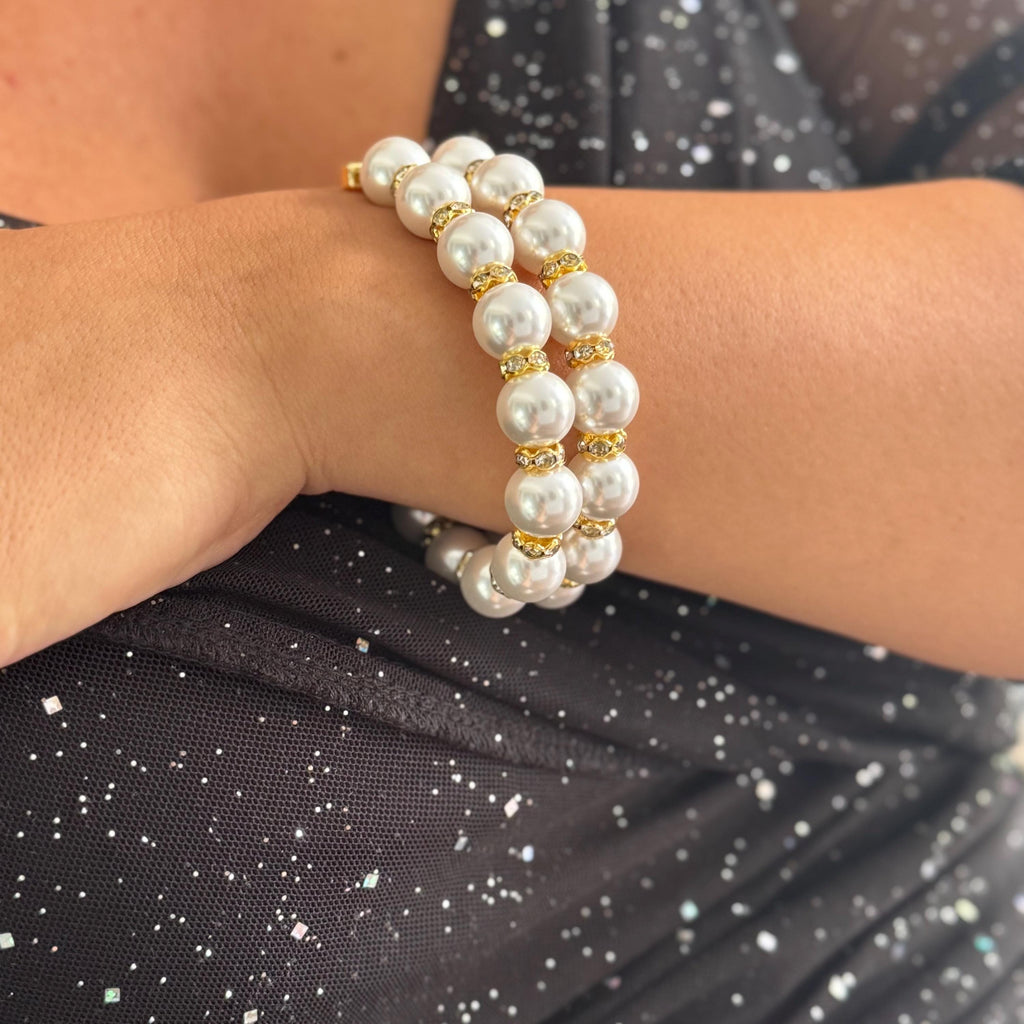 Custom Size Bracelet Pearl Statement Design Double Strand Collection Wedding Fashion Essential High Quality Shell Pearl Band Elegant Bridal Accessory Rhinestone Detail Formal Occasion Piece Classic Style Beautiful Feminine Touch Gold Silver