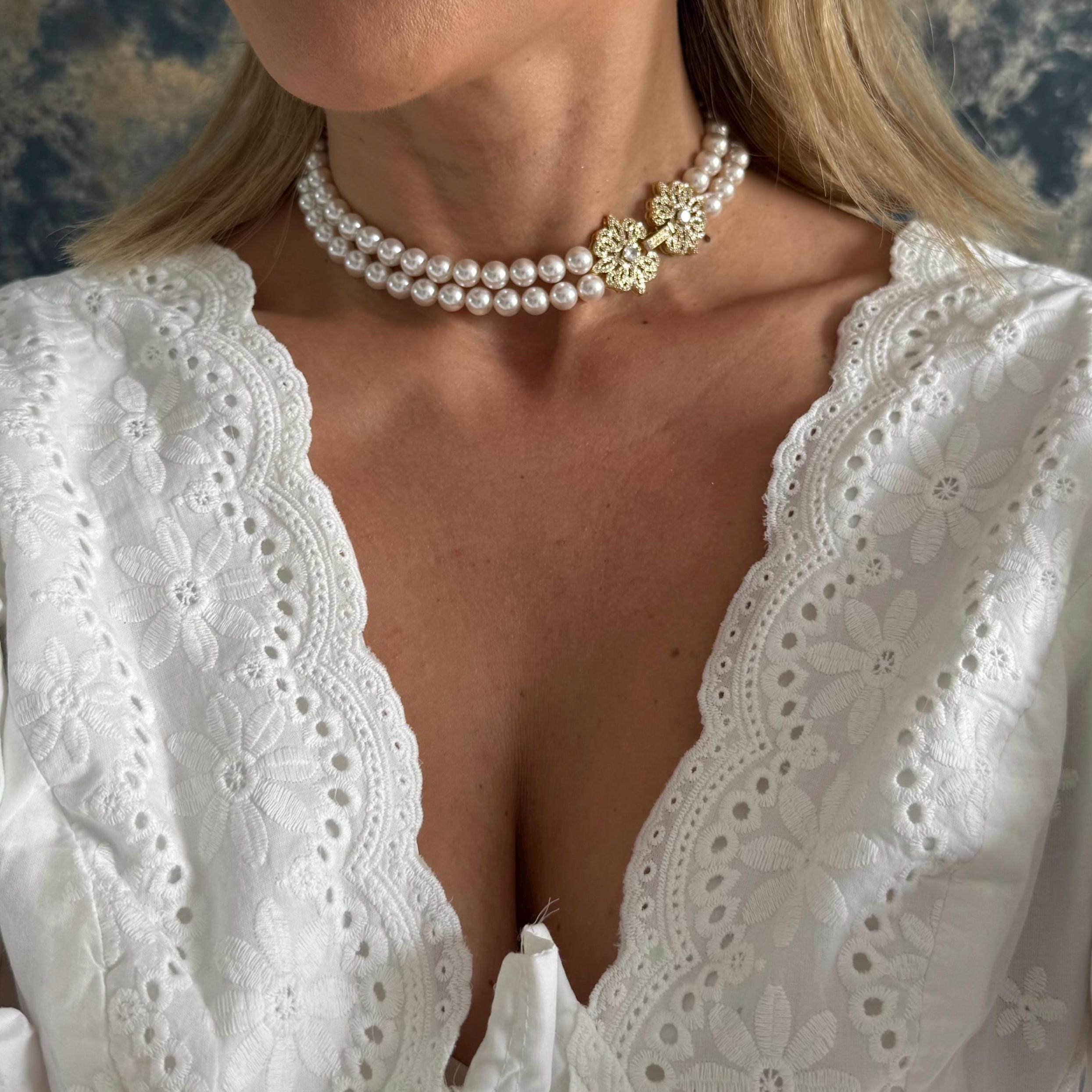Classic Pearl Necklace Formal Wear Special Occasion Elegant Jewelry Double Strand White Pearl Custom Length Adjustable Option Decorative