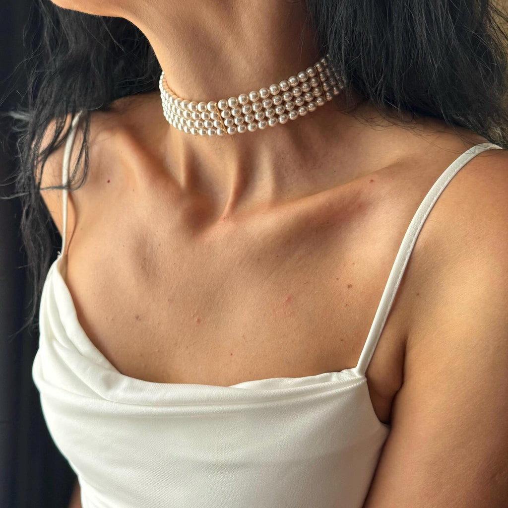 White Pearl Choker Bridal Collection Classic Wedding Jewelry Statement Necklace Four Row Crystal Design Adjustable Length Formal Wear Elegant Accessory Premium Quality Construction Gold Plated Clasp Evening Style Beautiful Handcrafted Piece