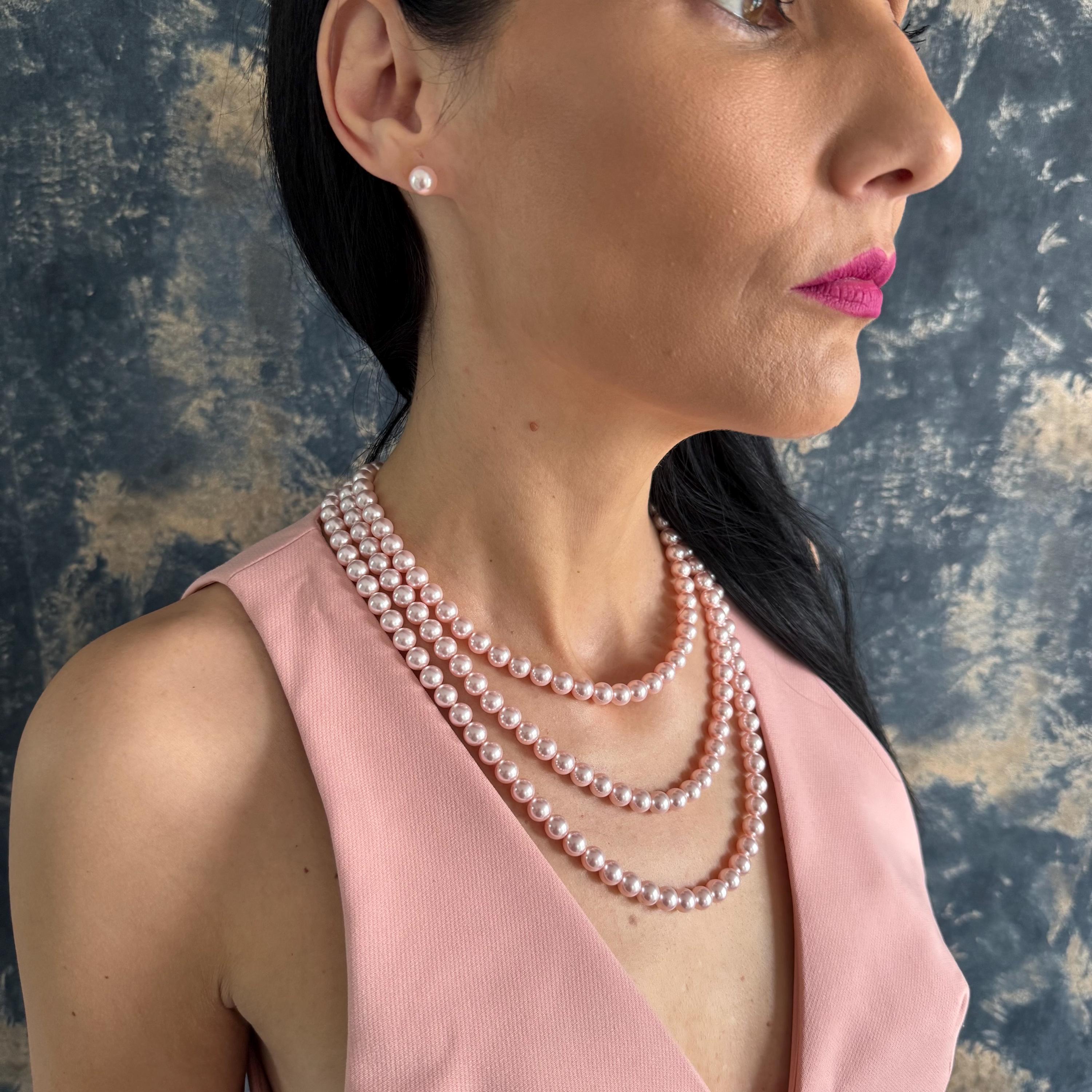 Pearl Cascade Necklace Gift Set Triple Strand Pink Crystal Design Premium Statement Piece Matching Earring Collection Special Occasion Jewelry Mother Gift Package Ready To Ship Gold Plated Elegant Fashion Accessory Formal Event Essential