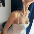 Pearls dress straps with gold or silver spacers Pair of attachable shoulder necklace for wedding dress 8mm pearl straps with metal spacers Bridal accessories Custom length design Multiple attachment options Elegant formal wear enhancement