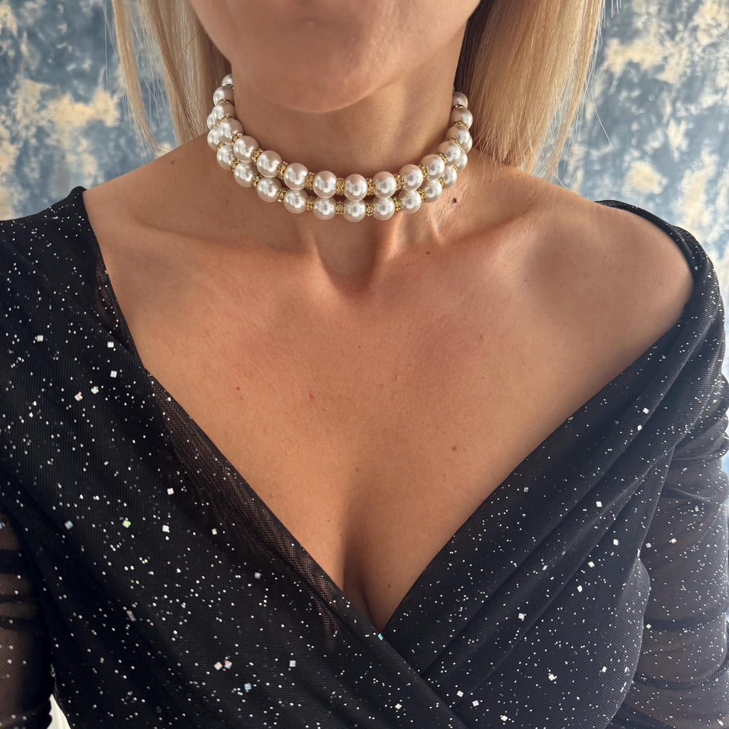 Statement Pearl Choker Double Strand Design Wedding Collection Mother Of Bride Choker Mother Of Groom Accessory Formal Event Jewelry Shell Pearl Construction Adjustable Length Chain Classic Style Gold Silver Finish Special Occasion Party