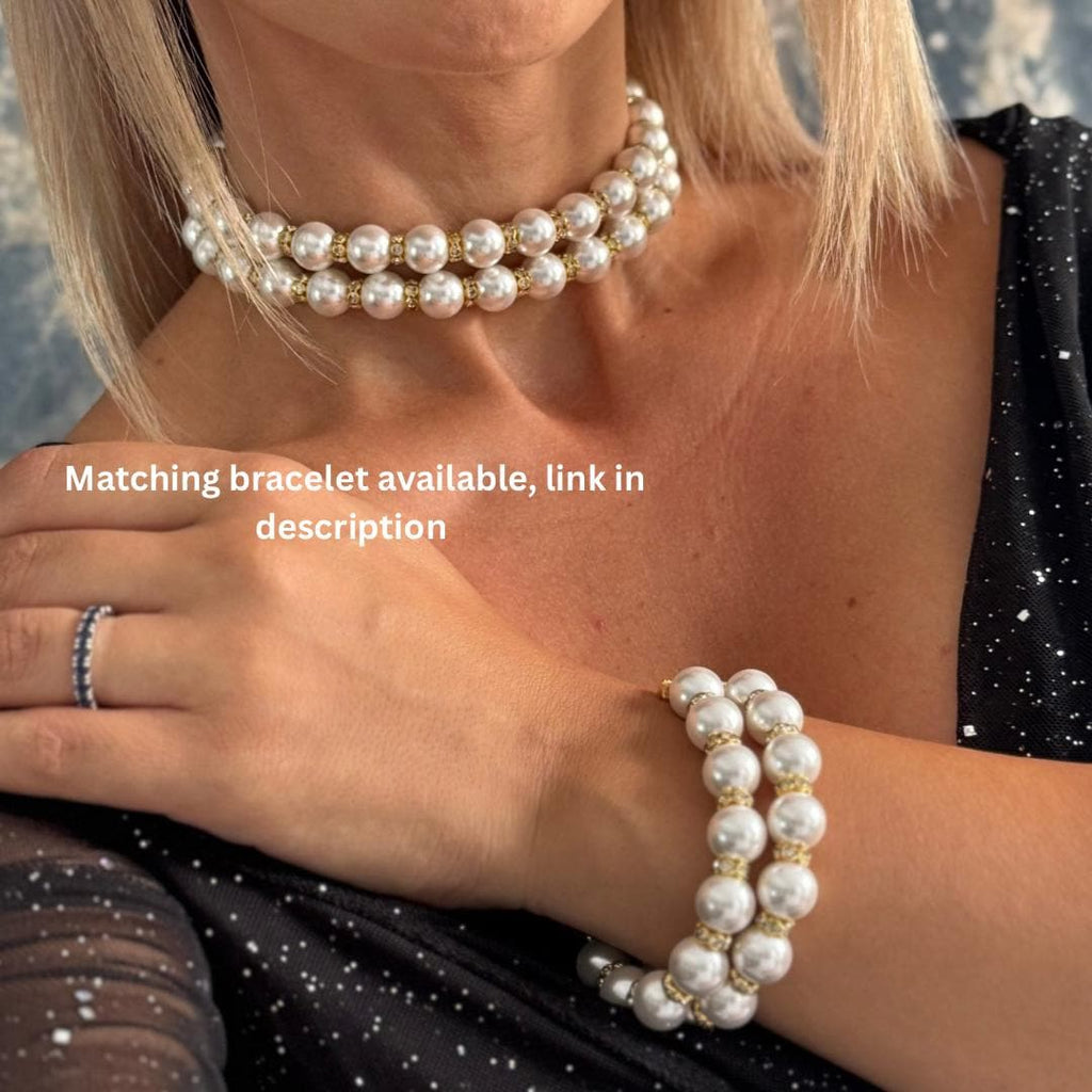 Pearl Choker Necklace Double Strand Design Wedding Accessory Mother Of Bride Choker Mother Of Groom Collection Formal Event Statement Piece Shell Pearl Construction Adjustable Length Chain Classic Style Gold Silver Finish Elegant Party Wear