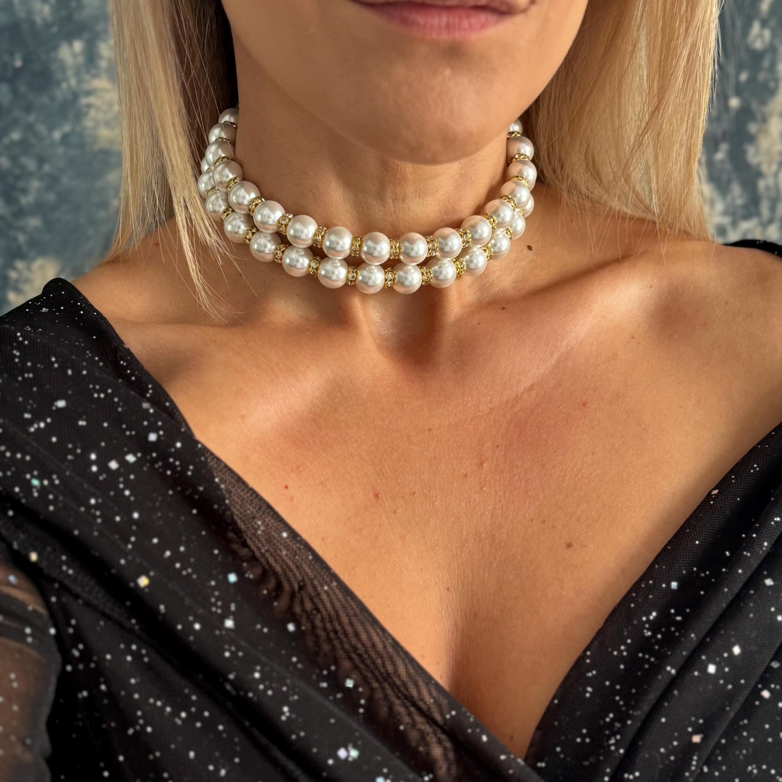 Double Strand Pearl Necklace Mother of Bride Choker Mother of Groom Party Wear Statement Piece Shell Pearl Design Adjustable Chain Length Classic Style Construction Elegant Special Occasion Jewelry Gold Silver Options