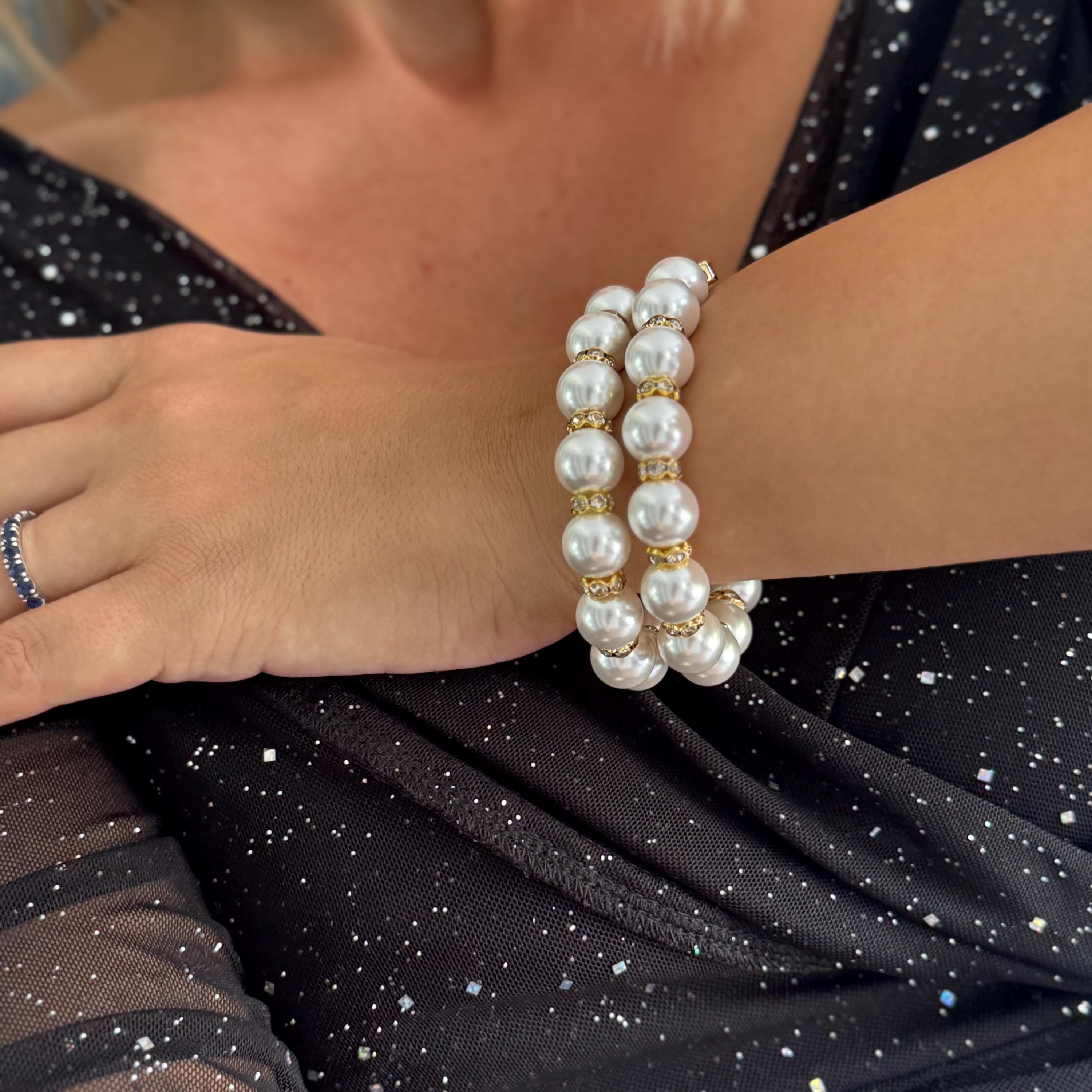 Elegant Pearl Collection Double Strand Bracelet Custom Size Design Wedding Fashion Statement High Quality Shell Pearl Band Bridal Accessory Essential Rhinestone Detail Classic Style Formal Wear Piece Beautiful Feminine Touch Gold Silver