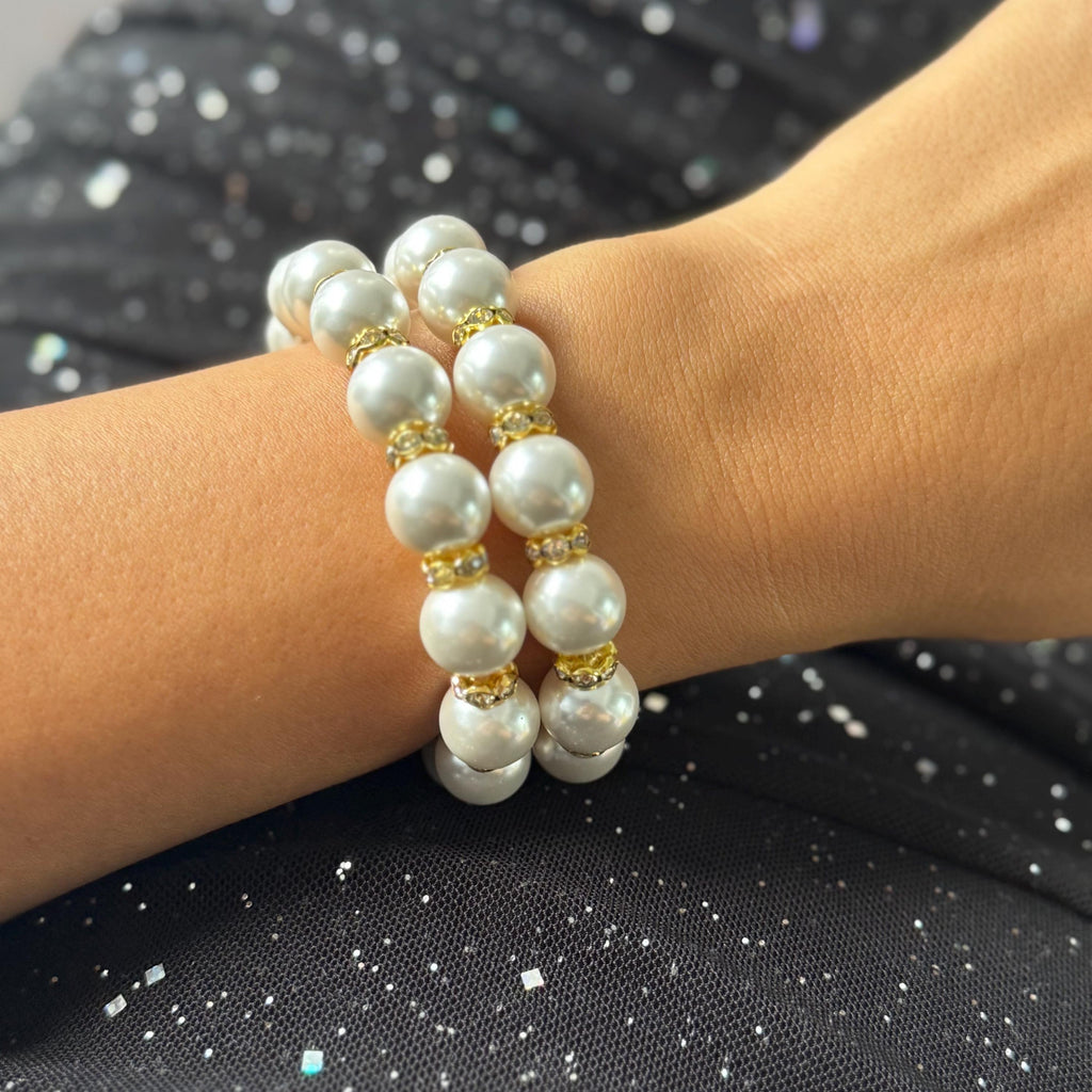 Pearl Stretch Bracelet Double Strand Design Custom Size Band Wedding Fashion Accessory Elegant Statement Piece High Quality Shell Pearls Rhinestone Details Gold Silver Options Formal Wear Collection Bridal Party Essential Beautiful Classic