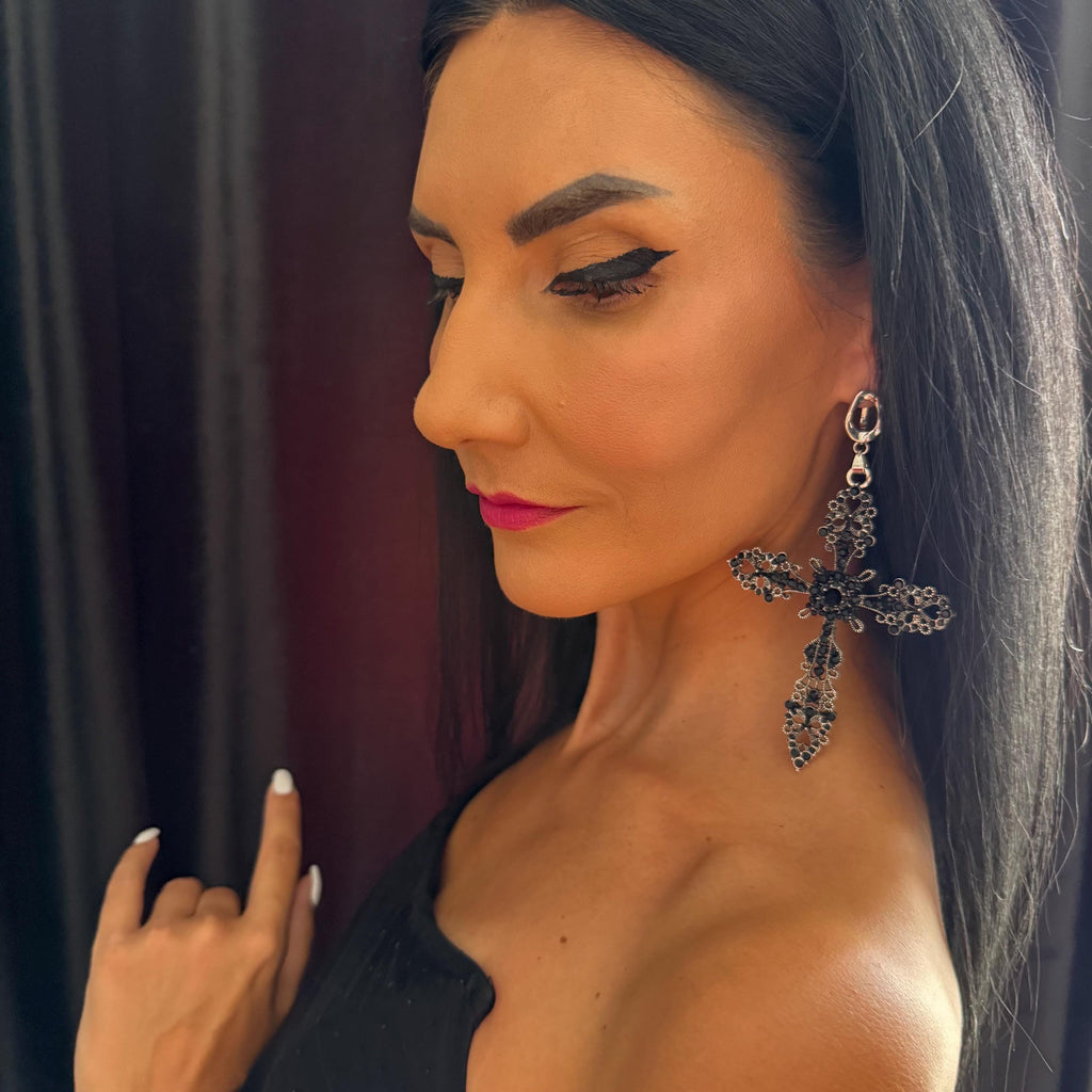 Crystal Statement Earrings Gothic Cross Design Victorian Style Elements Black Rhinestone Details Brass Metal Construction Platinum Plated Base Large Size Jewelry Dark Fashion Essential Ornate Details Evening Wear Dramatic Look Accessory