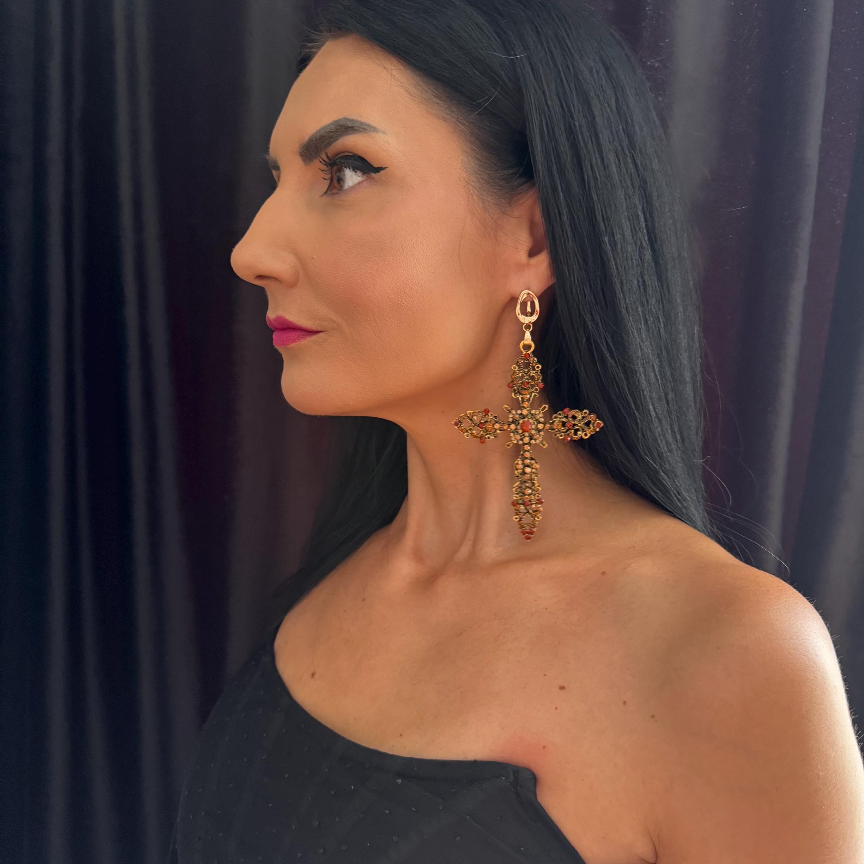 Vintage Style Statement Big Oversized Cross Earring Antique Gold Finish Premium Crystal Detail Gothic Fashion Jewelry Brass Metal Construction Halloween Party Essential Large Statement Piece Beautiful Ornate Design Crystal Rhinestone