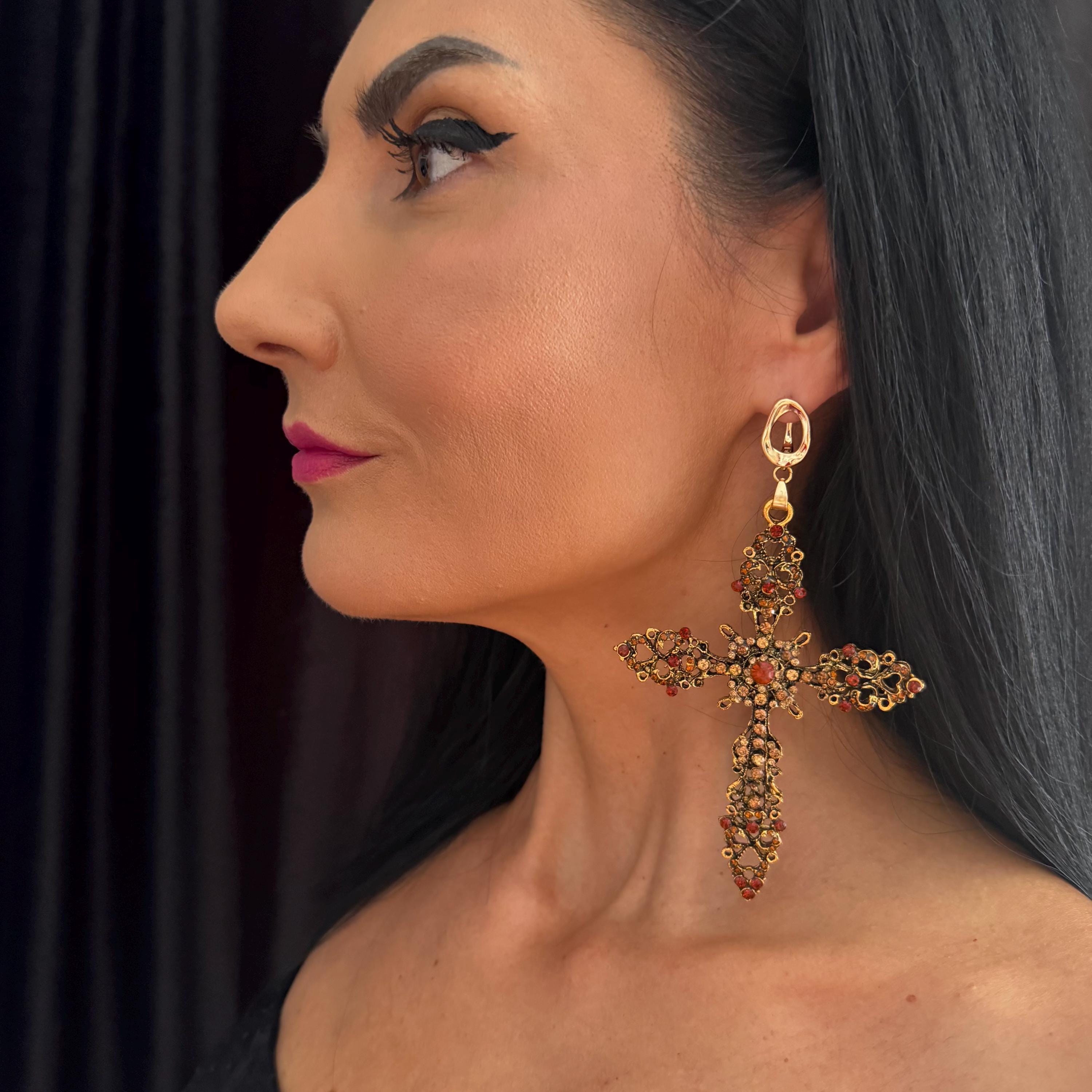 Vintage Style Statement Big Oversized Cross Earring Antique Gold Finish Premium Crystal Detail Gothic Fashion Jewelry Brass Metal Construction Halloween Party Essential Large Statement Piece Beautiful Ornate Design Crystal Rhinestone