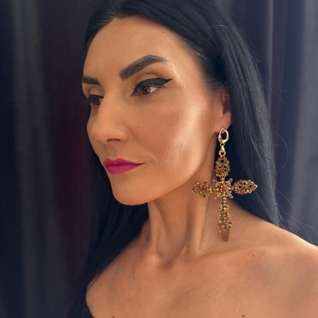 Gothic Fashion Statement Big Oversized Cross Earrings Crystal Design Collection Antique Gold Finish Quality Construction Brass Metal Detail Halloween Costume Essential Beautiful Vintage Style Large Statement Piece Party Accessory Pattern