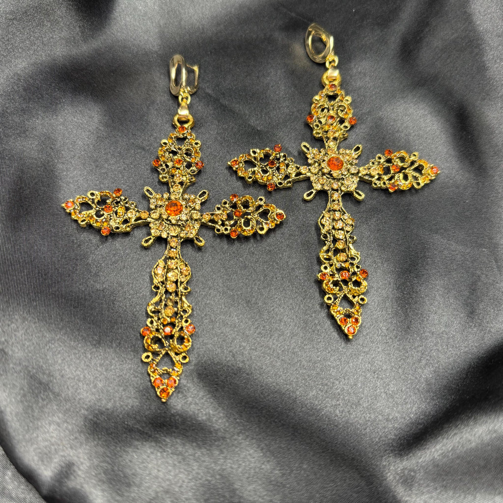 Halloween Big Oversized Cross Statement Earring Antique Gold Finish Crystal Rhinestone Detail Large Fashion Jewelry Brass Metal Construction Quality Design Gothic Style Inspiration Vintage Look Essential Party Accessory Ornate Pattern