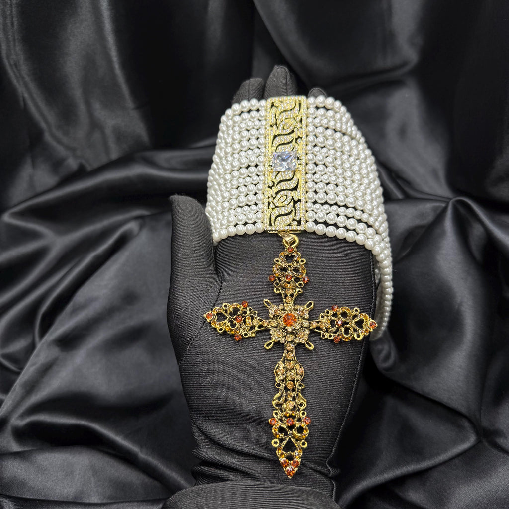 Statement Wedding Choker Victorian Pearl Design Cross Pendant Collection Gold Filigree Necklace Formal Bridal Jewelry Crystal Embellished Elegant Accessory Shell Pearl Details Classic Vintage Style Ornate Construction Adjustable Length