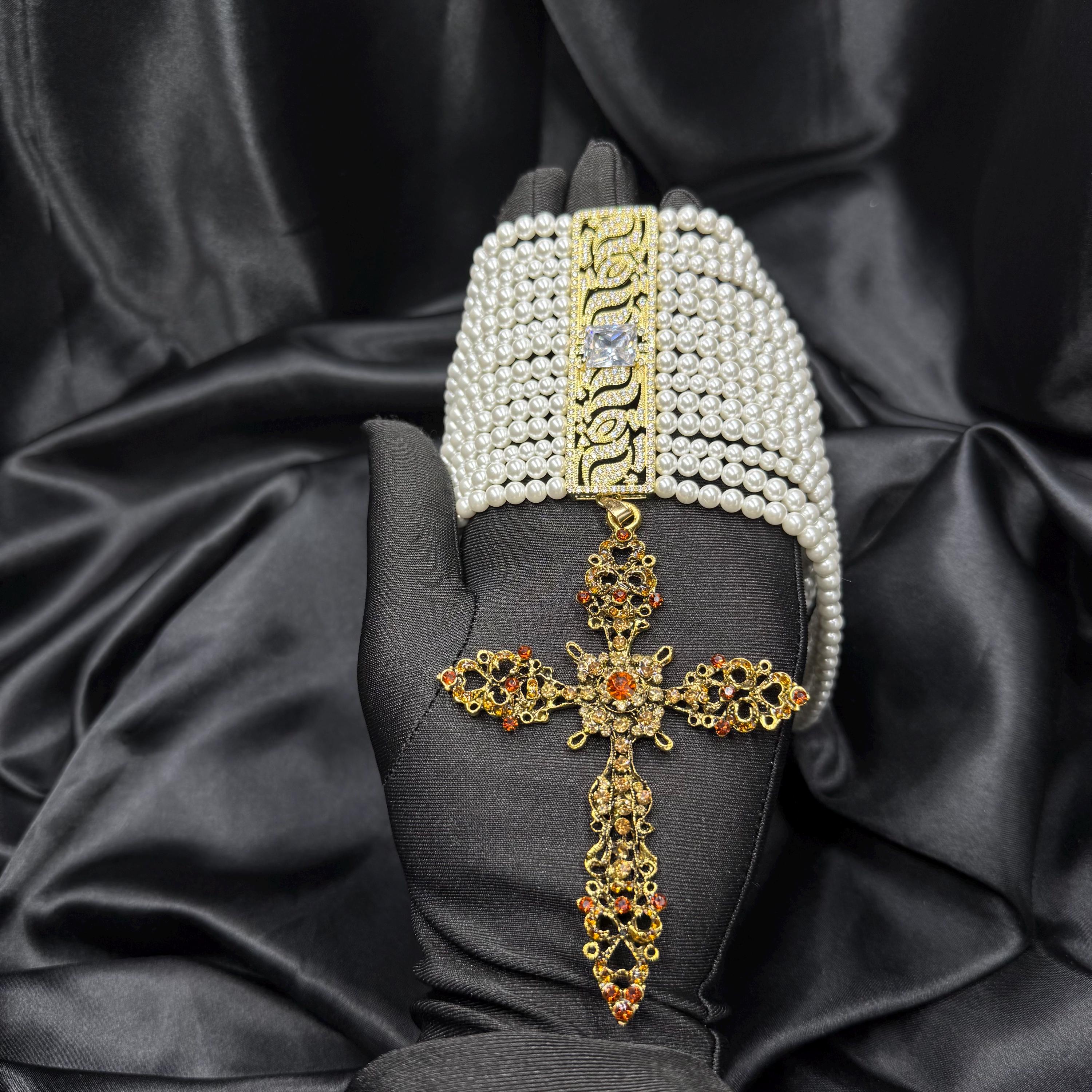 Statement Wedding Choker Victorian Pearl Design Cross Pendant Collection Gold Filigree Necklace Formal Bridal Jewelry Crystal Embellished Elegant Accessory Shell Pearl Details Classic Vintage Style Ornate Construction Adjustable Length