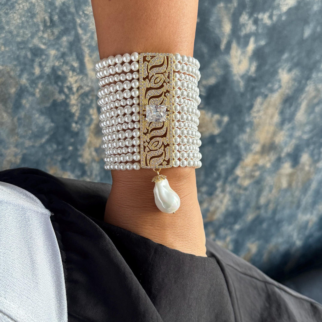 Statement Wedding Bracelet Pearl Crystal Design Elegant Bridal Collection Multi Strand Style Special Occasion Jewelry Adjustable Length Formal Event Wear Beautiful Shell Pearl Pattern Classic Look Dainty Wrist Design