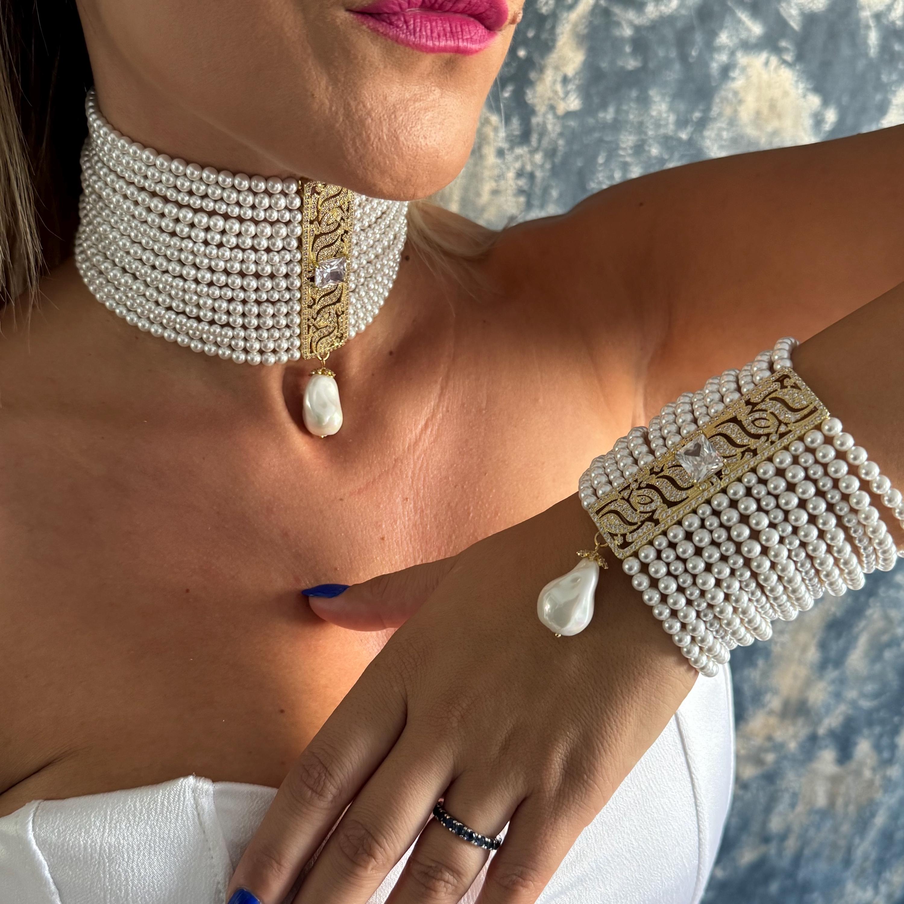 White Pearl Crystal Bracelet Elegant Wedding Jewelry Multi Strand Design Statement Piece Special Occasion Wear Adjustable Length Formal Event Style Shell Pearl Collection Beautiful Bridal Accessory Dainty Wrist Design Classic Look