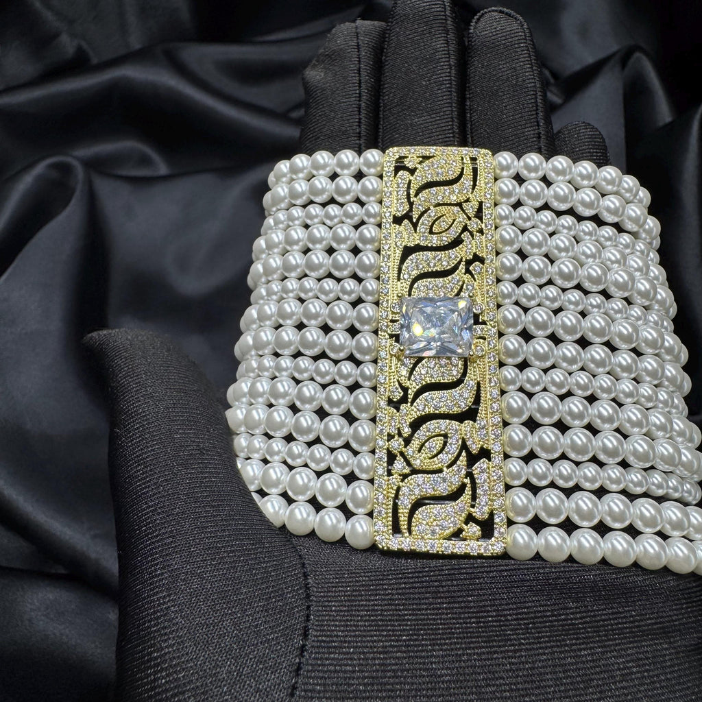 Statement Cuff Bracelet Pearl Design Collection Crystal Accent Detail White Pearl Pattern Elegant Wedding Style Adjustable Length Options Premium Metal Construction Beautiful Formal Wear Essential Luxury Fashion Piece Special Occasion