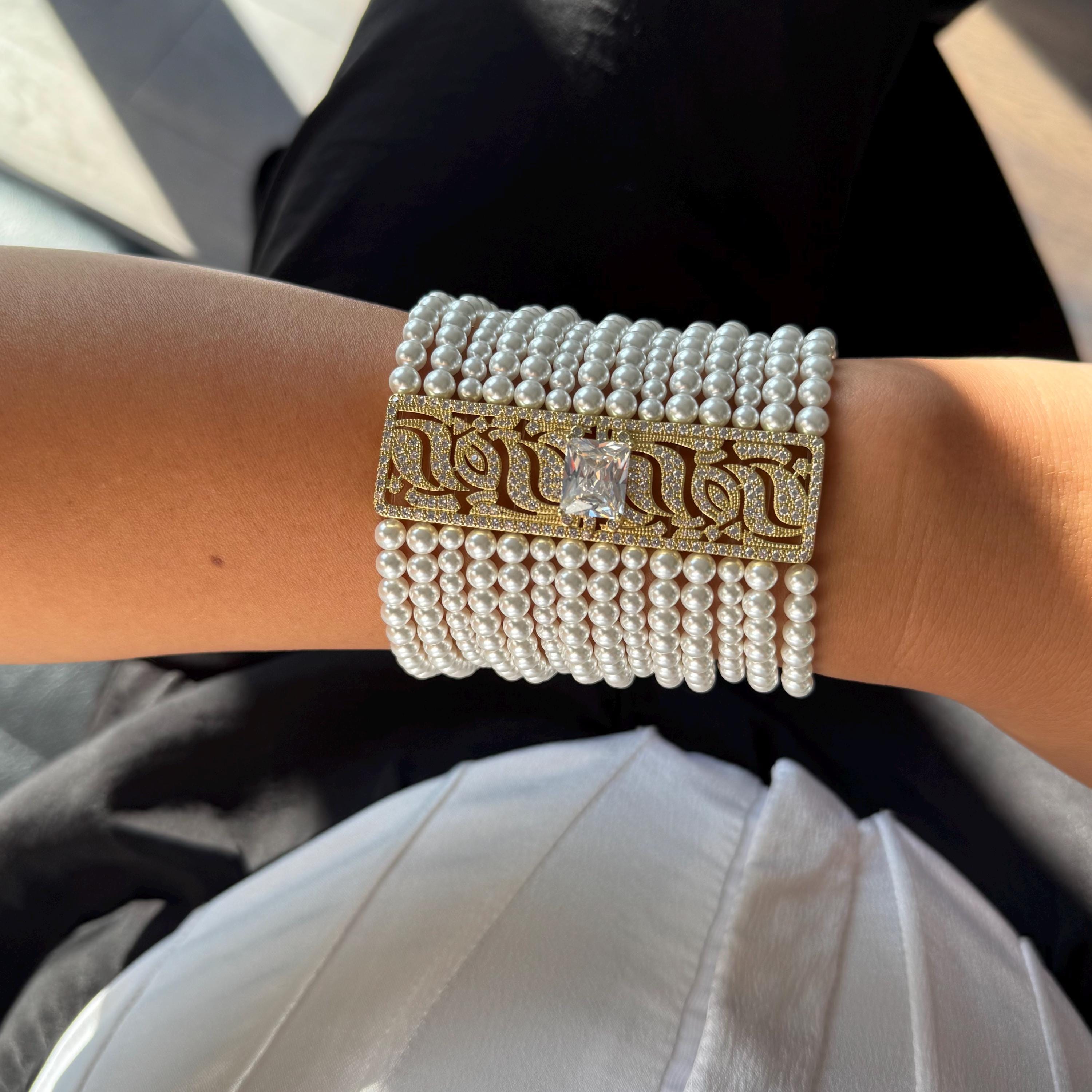 Luxury Pearl Collection Wedding Cuff Bracelet Crystal Accent Design White Pearl Statement Piece Formal Wear Essential Adjustable Length Options Premium Metal Construction Beautiful Bridal Style Fashion Forward Accessory Elegant Look
