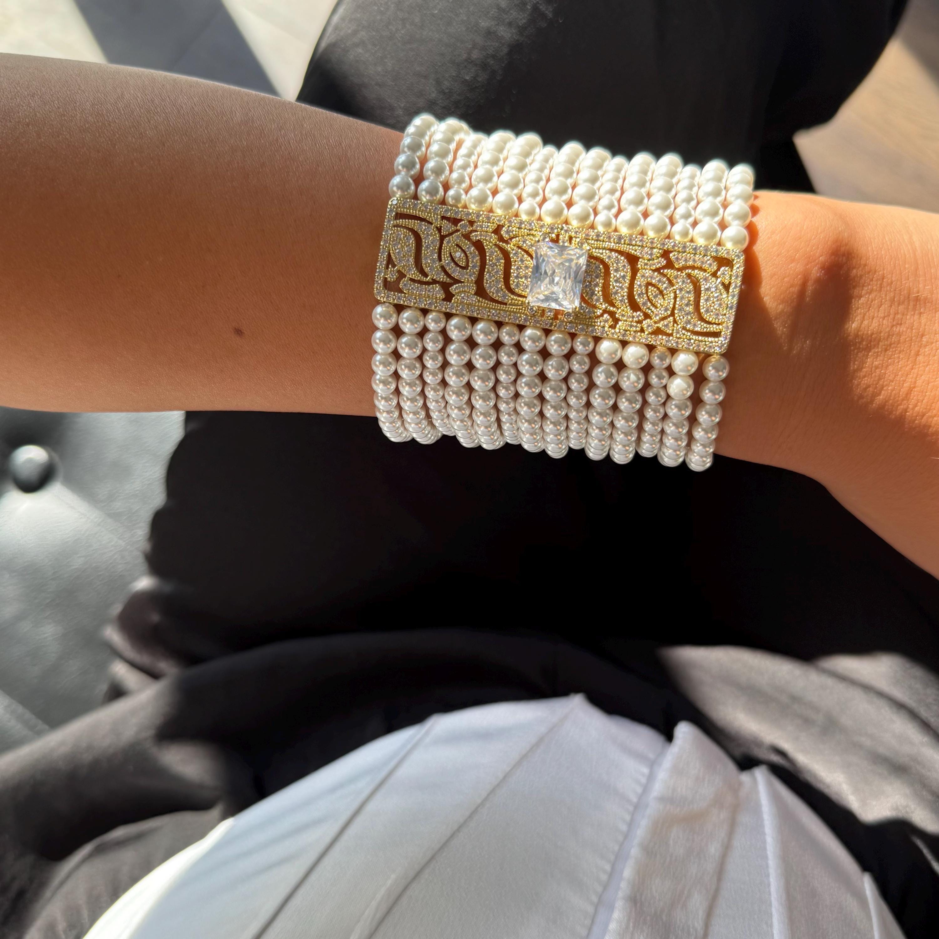 Pearl Cuff Bracelet Elegant Wedding Style Crystal Accent Design Formal Wear Collection White Pearl Statement Piece Adjustable Length Options Gold Metal Finish Premium Quality Construction Beautiful Bridal Accessory Luxury Fashion Detail
