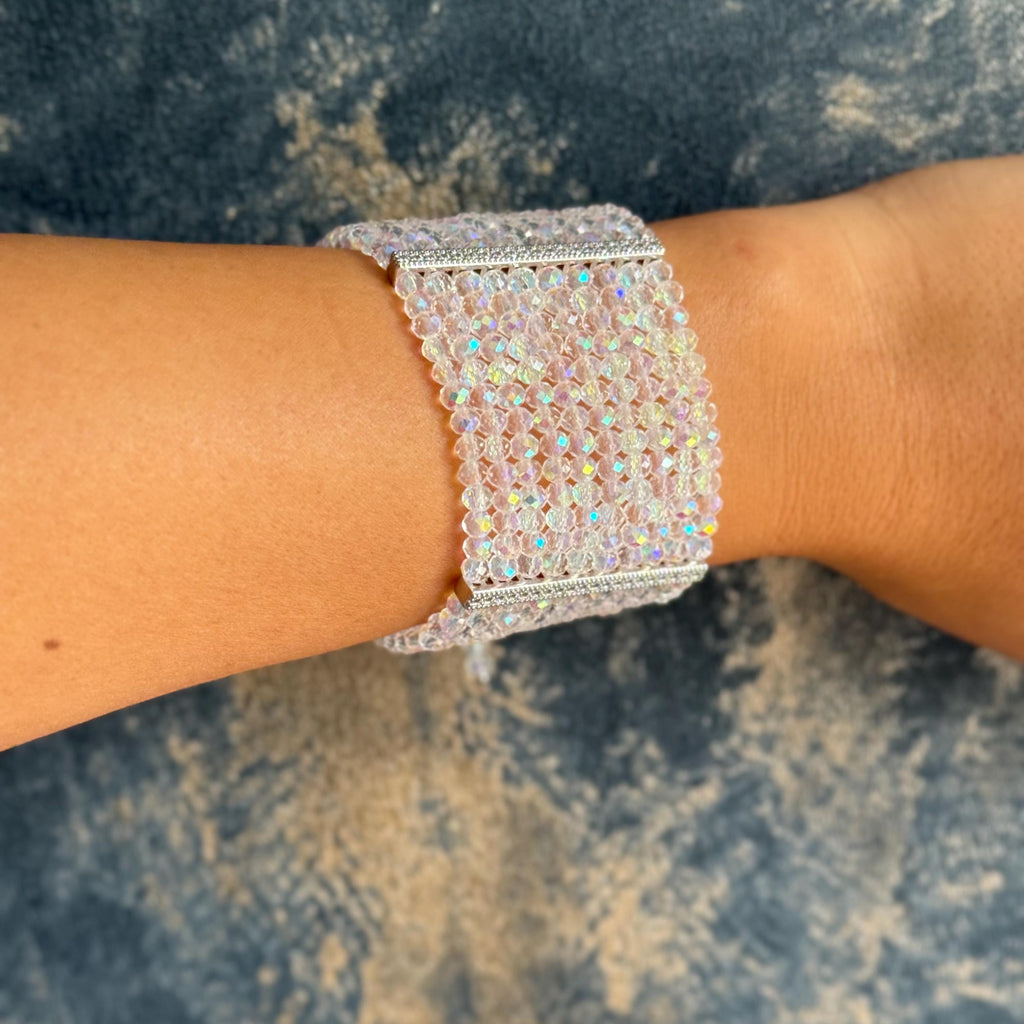 Wedding Crystal Bracelet Statement Piece Formal Wear Collection Iridescent Design Adjustable Length Multi Row Pattern Elegant Evening Style Special Occasion Accessory Premium Quality Construction Handmade Luxury Gift Beautiful Glamorous Set