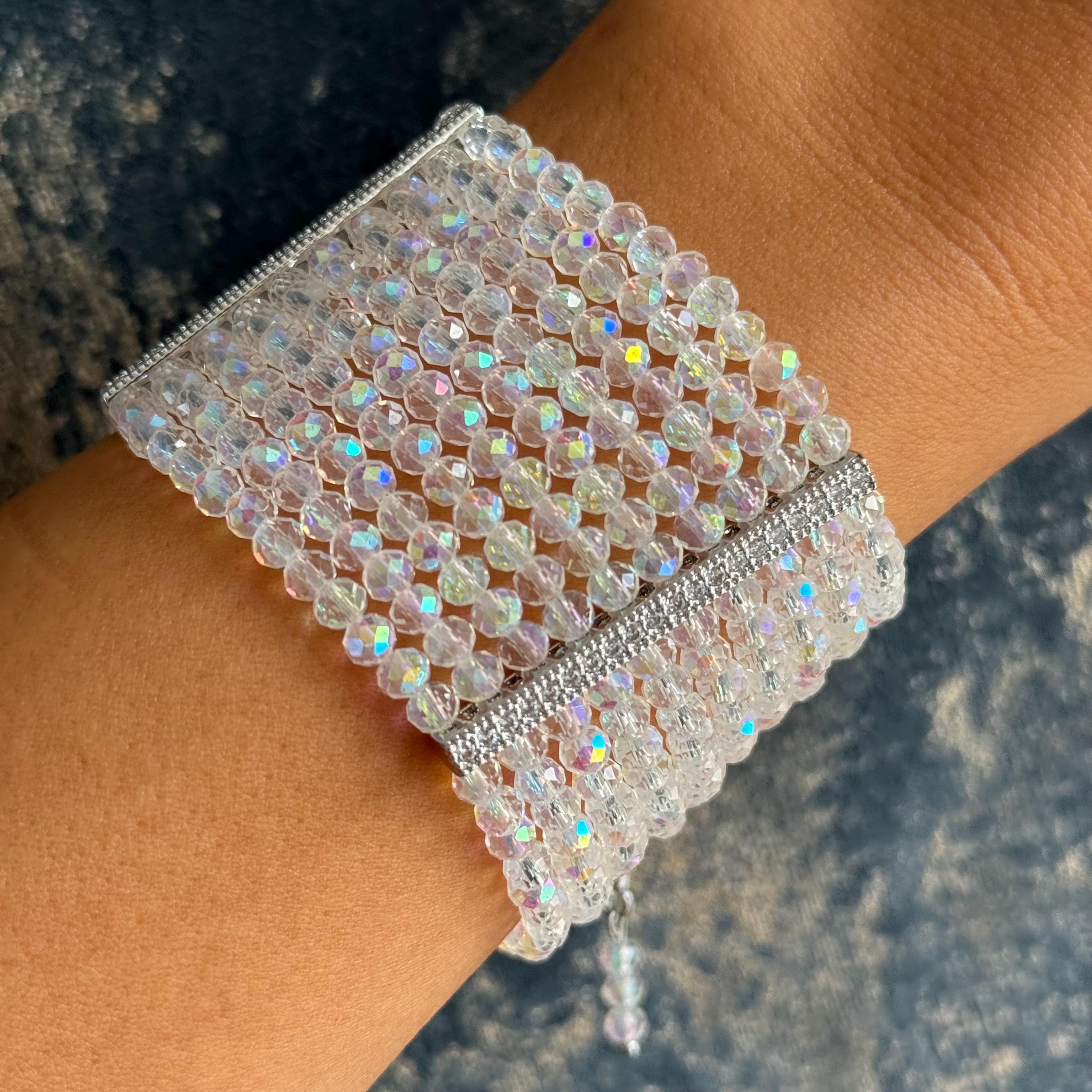 Wedding Crystal Bracelet Statement Piece Formal Wear Collection Iridescent Design Adjustable Length Multi Row Pattern Elegant Evening Style Special Occasion Accessory Premium Quality Construction Handmade Luxury Gift Beautiful Glamorous Set
