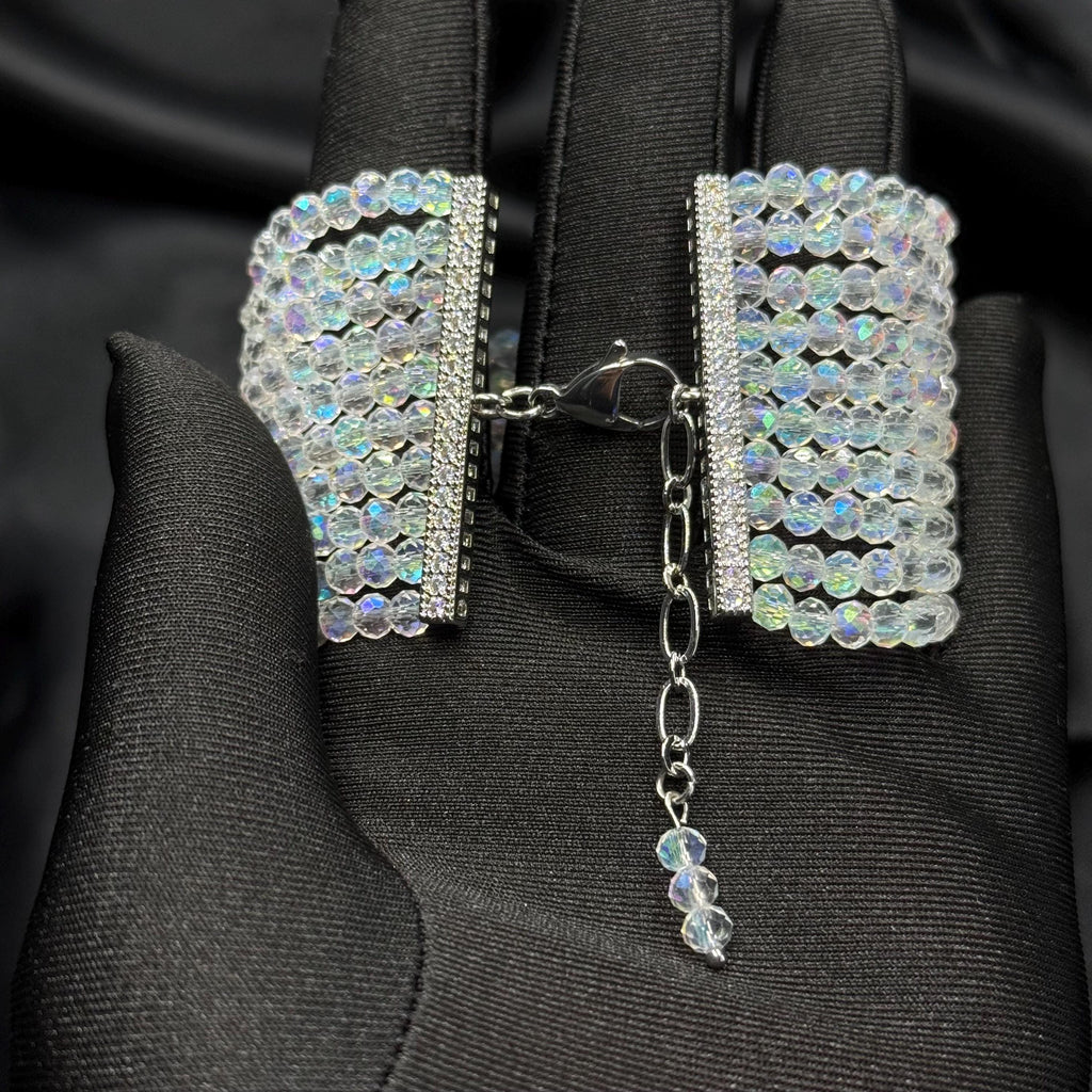 Statement Crystal Bracelet Wedding Collection Formal Wear Accessory Wide Design Pattern Iridescent Detail Adjustable Length Multi Row Style Premium Quality Construction Special Occasion Piece Handmade Evening Glamour Beautiful Luxury Gift