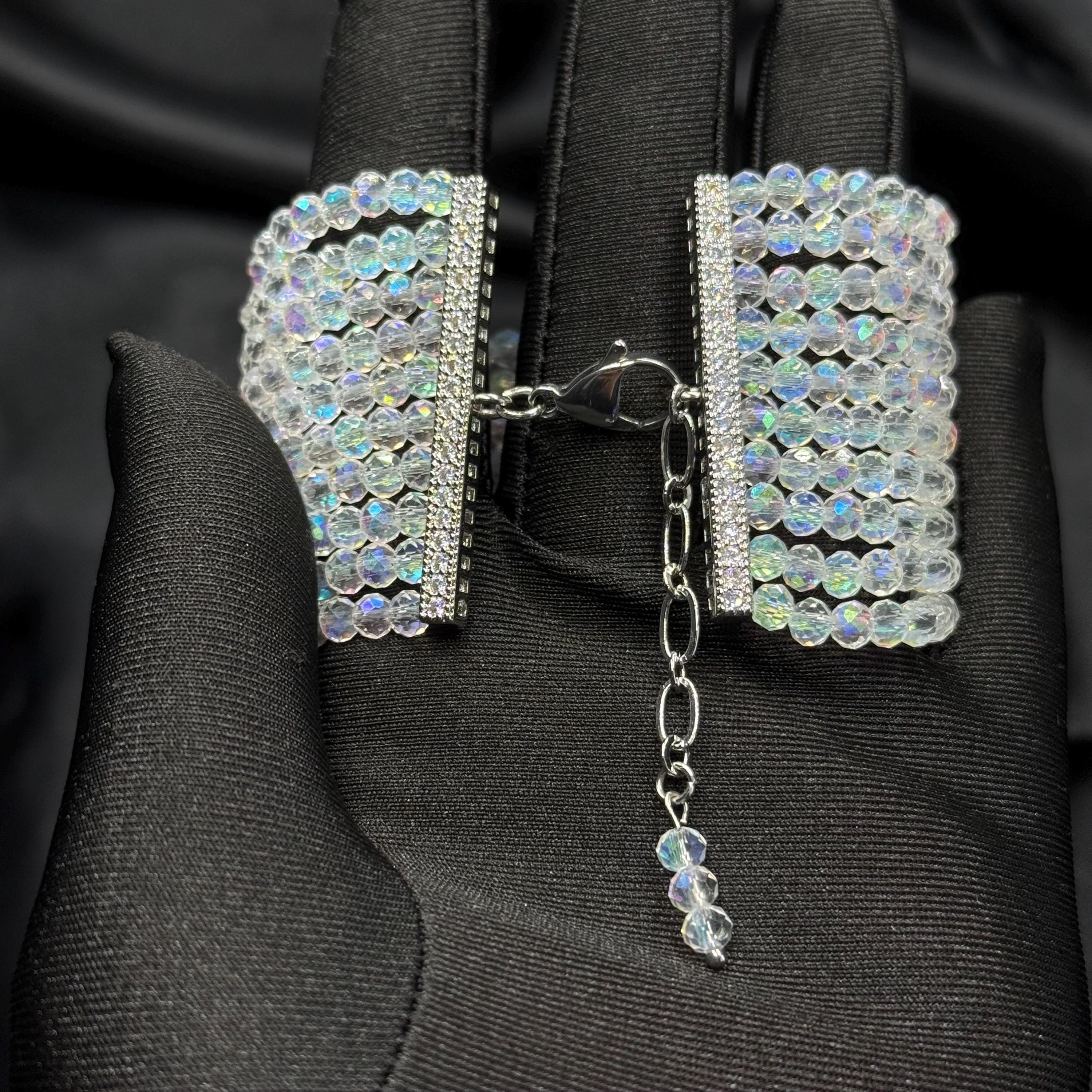 Statement Crystal Bracelet Wedding Collection Formal Wear Accessory Wide Design Pattern Iridescent Detail Adjustable Length Multi Row Style Premium Quality Construction Special Occasion Piece Handmade Evening Glamour Beautiful Luxury Gift