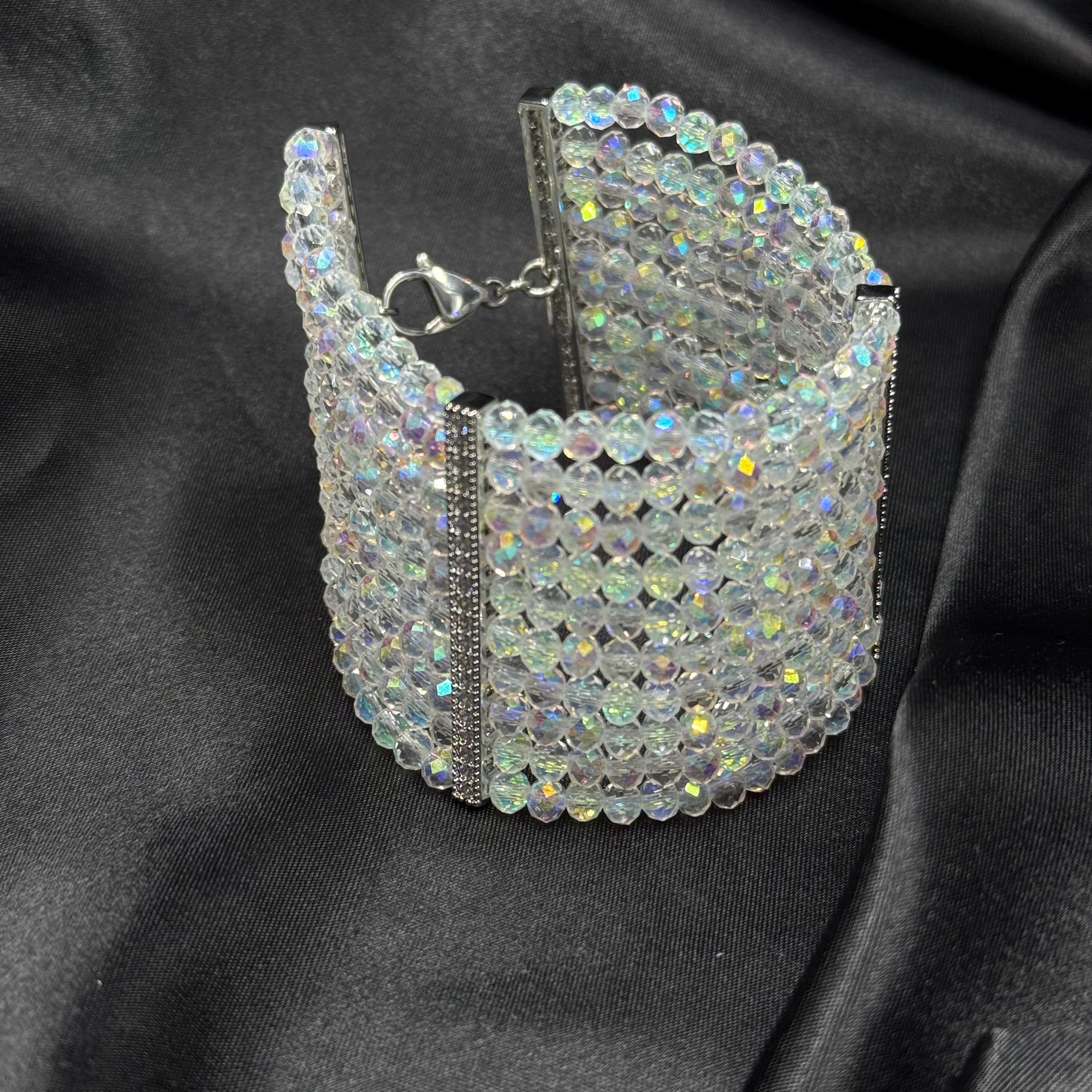 Statement Crystal Bracelet Wedding Collection Formal Wear Accessory Wide Design Pattern Iridescent Detail Adjustable Length Multi Row Style Premium Quality Construction Special Occasion Piece Handmade Evening Glamour Beautiful Luxury Gift