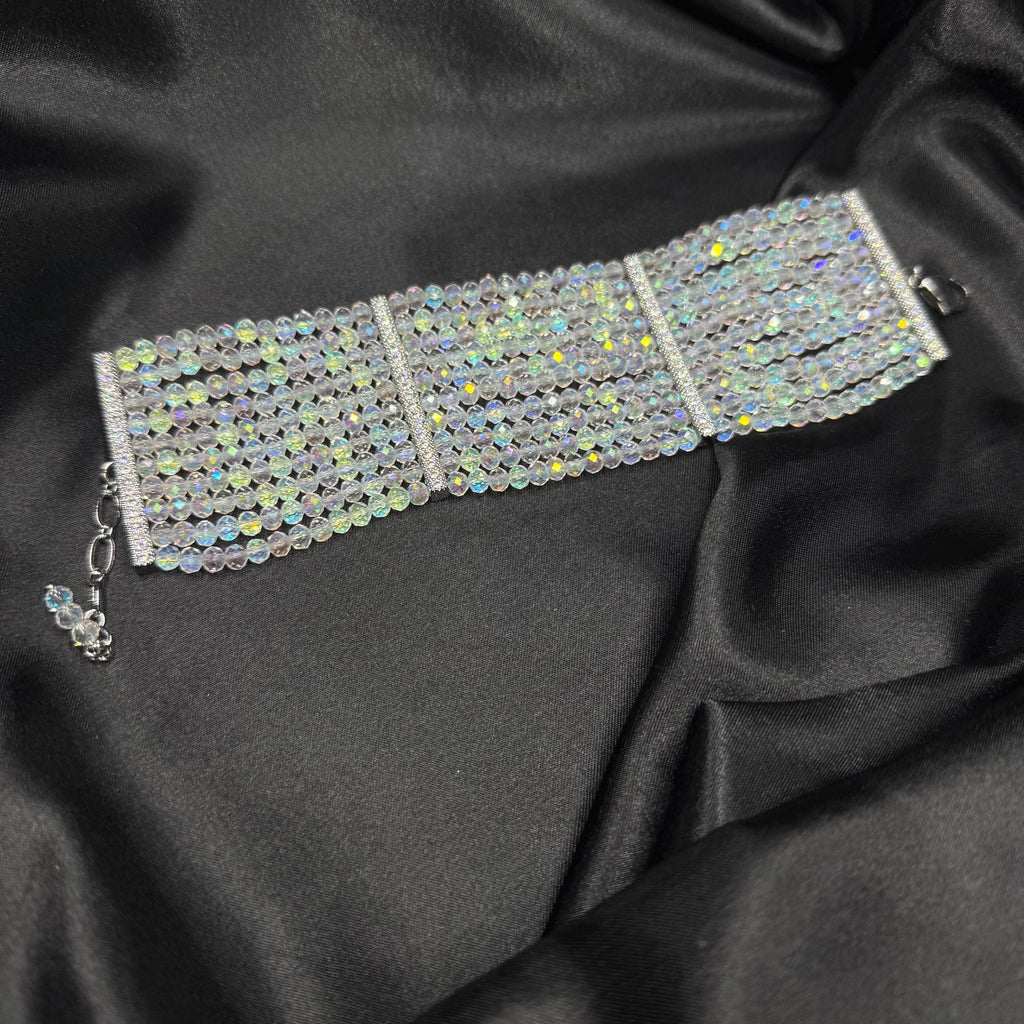 Statement Crystal Bracelet Wedding Collection Formal Wear Accessory Wide Design Pattern Iridescent Detail Adjustable Length Multi Row Style Premium Quality Construction Special Occasion Piece Handmade Evening Glamour Beautiful Luxury Gift
