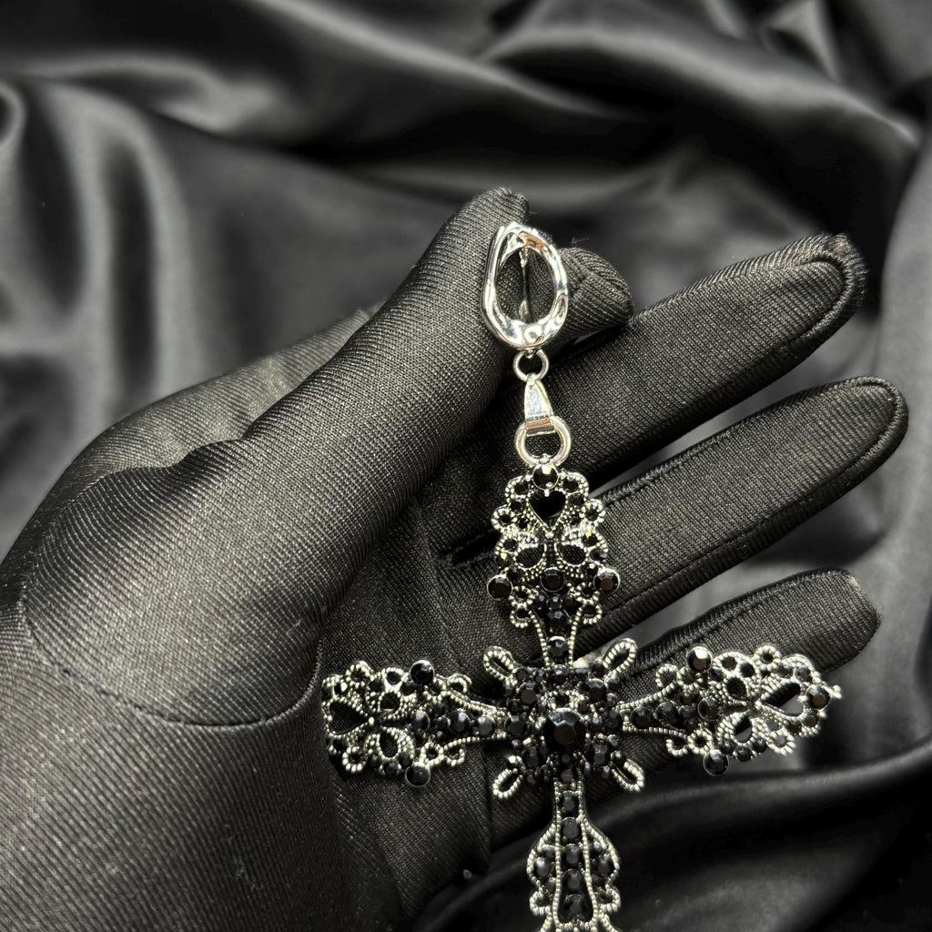 Crystal Statement Earrings Gothic Cross Design Victorian Style Elements Black Rhinestone Details Brass Metal Construction Platinum Plated Base Large Size Jewelry Dark Fashion Essential Ornate Details Evening Wear Dramatic Look Accessory