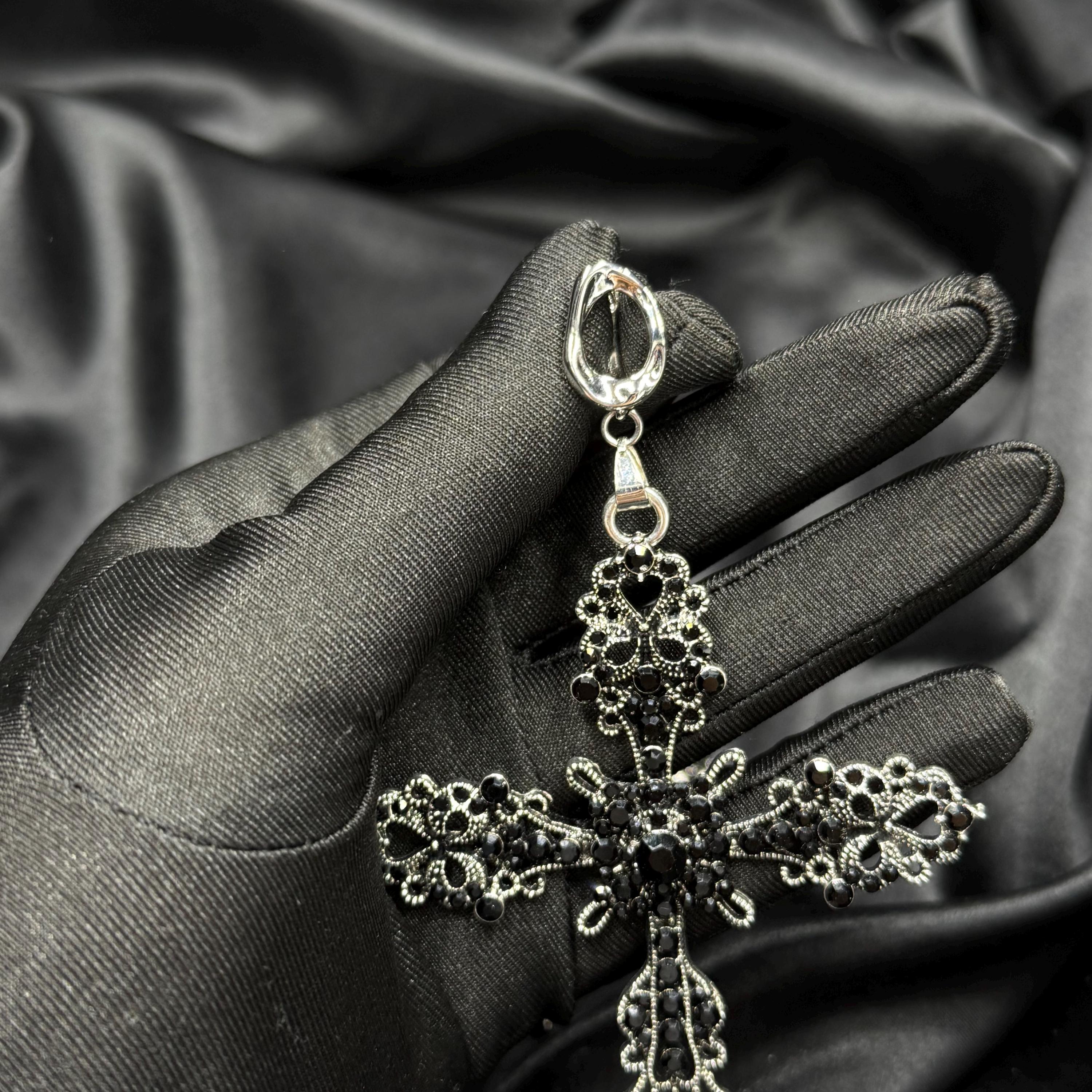 Crystal Statement Earrings Gothic Cross Design Victorian Style Elements Black Rhinestone Details Brass Metal Construction Platinum Plated Base Large Size Jewelry Dark Fashion Essential Ornate Details Evening Wear Dramatic Look Accessory