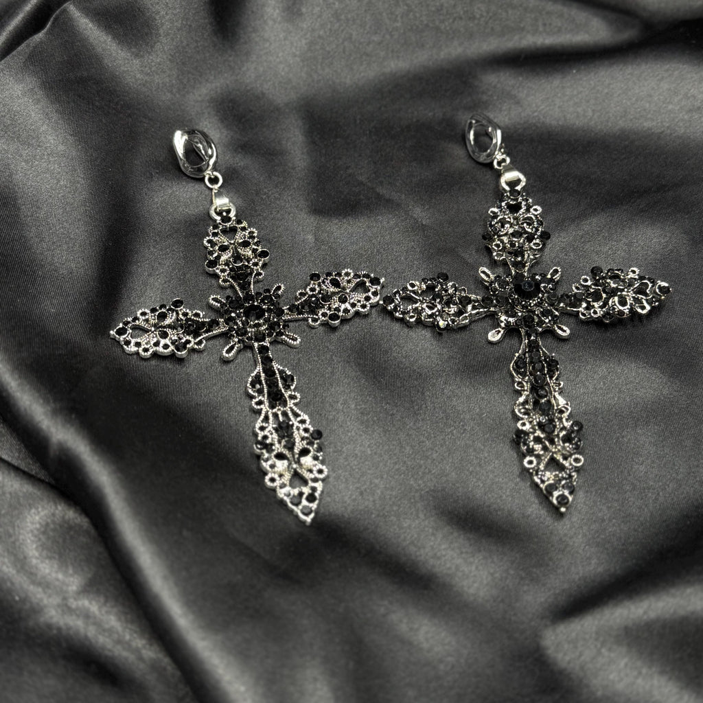 Crystal Statement Earrings Gothic Cross Design Victorian Style Elements Black Rhinestone Details Brass Metal Construction Platinum Plated Base Large Size Jewelry Dark Fashion Essential Ornate Details Evening Wear Dramatic Look Accessory
