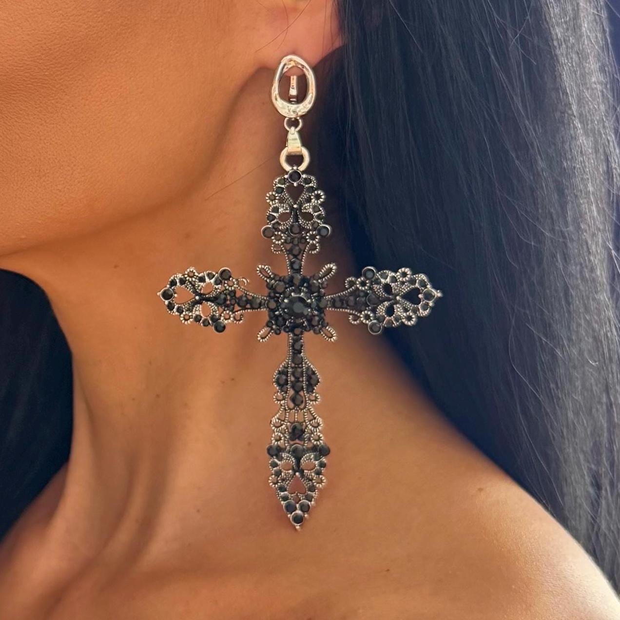 Black Crystal Earrings Gothic Cross Design Victorian Style Elements Statement Piece Construction Large Size Jewelry Brass Metal Base Platinum Plated Details Dark Fashion Essential Ornate Crystal Elements Evening Wear Dramatic Look Accessory